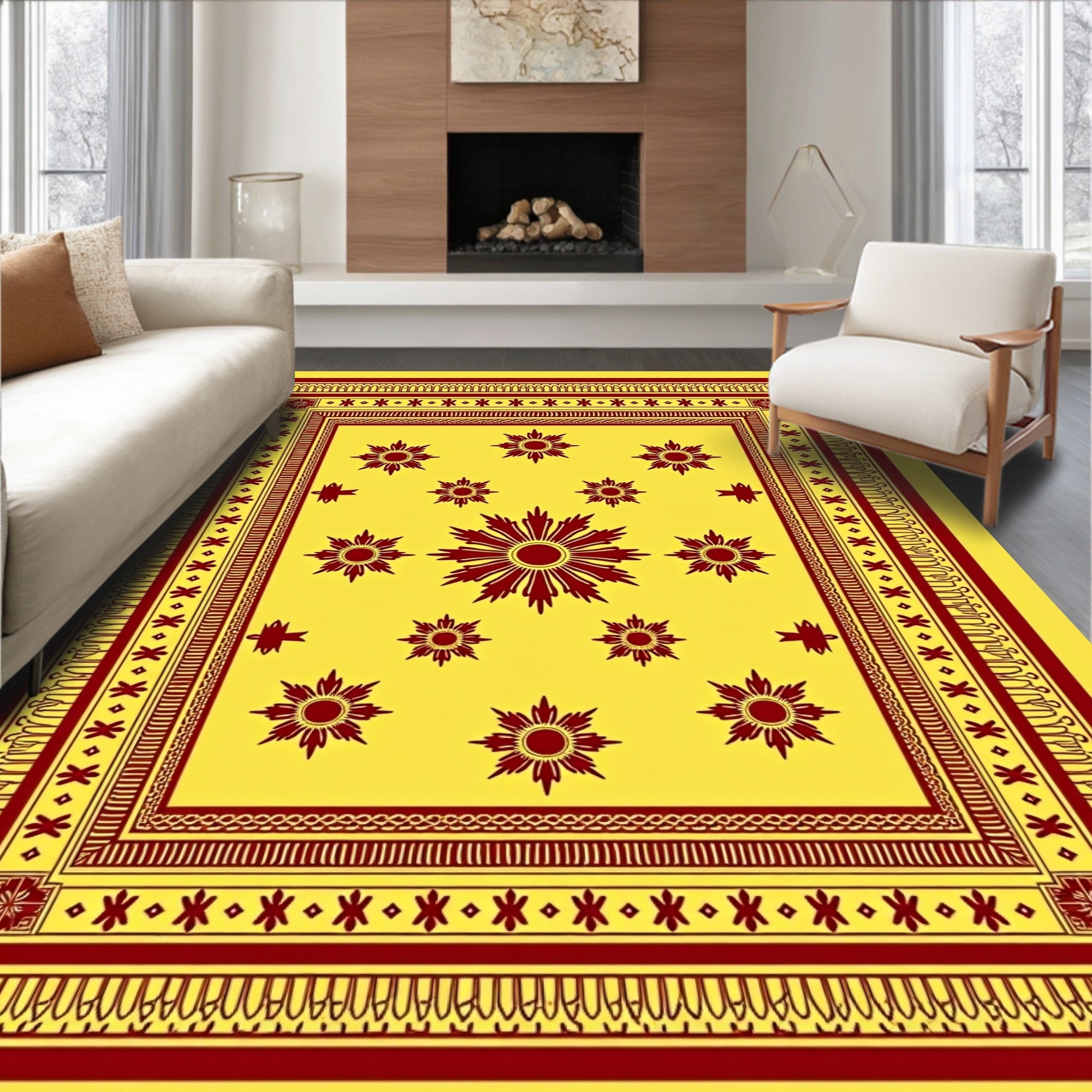 Crimson Sunburst Medallions Yellow Rug
