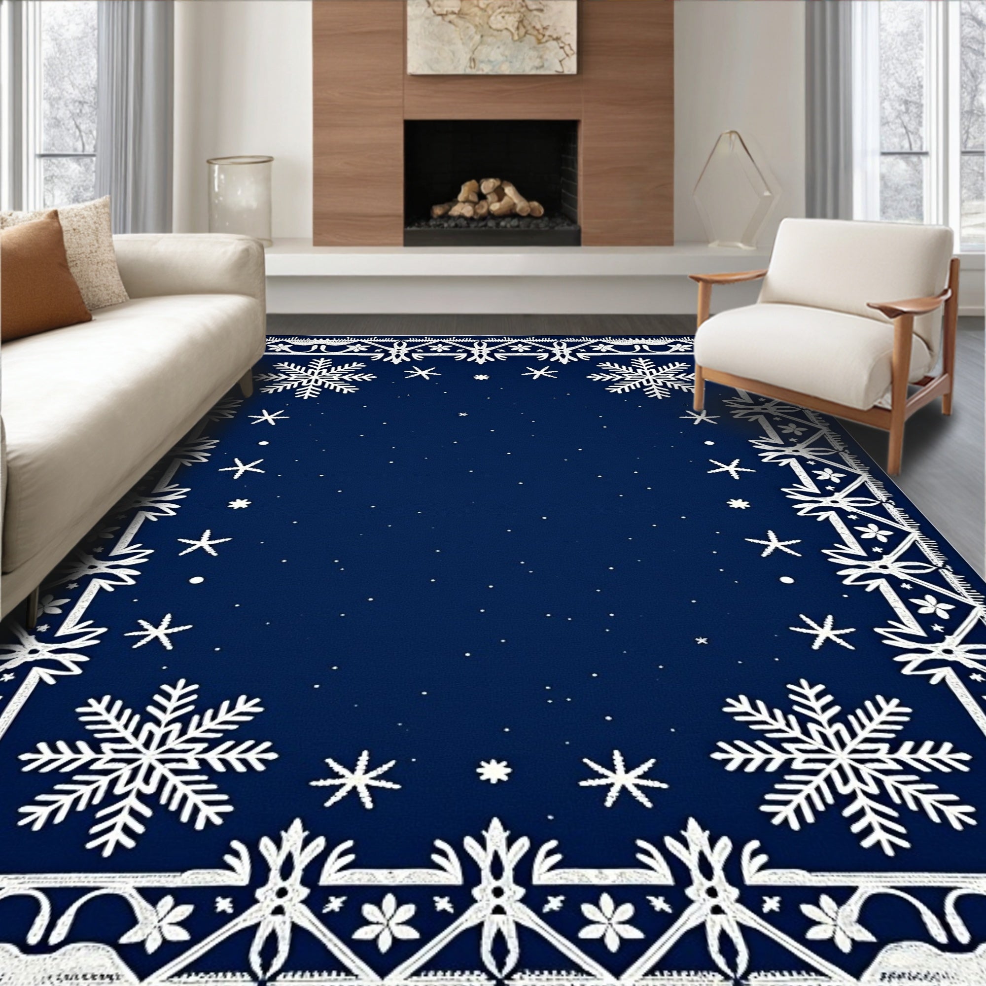 Frosted Navy Snowflake Border Rug