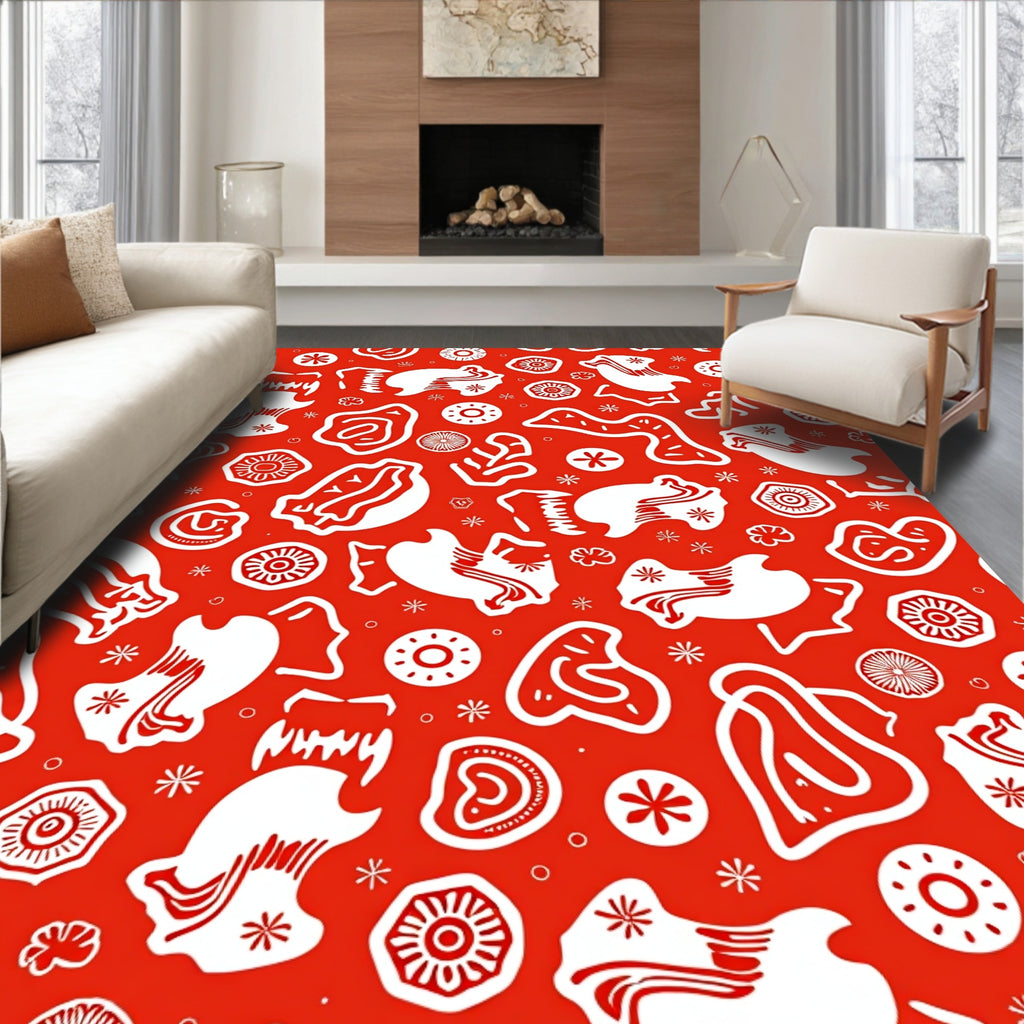 Red White Whimsical Folk Art Rug