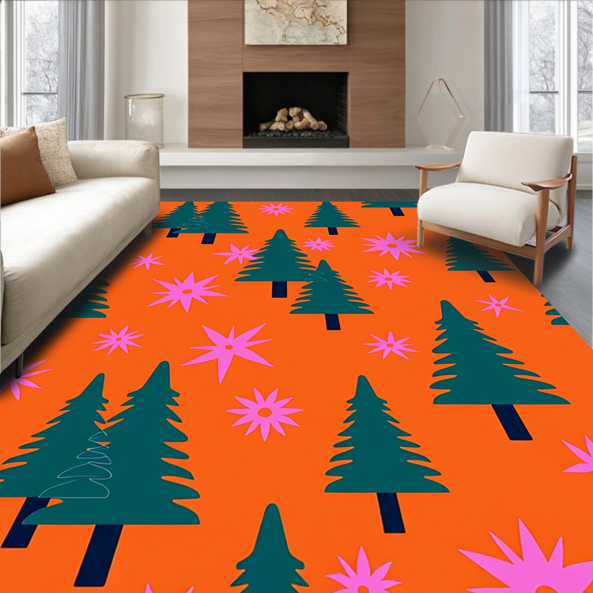 Teal Forest Pink Starburst Orange Rug