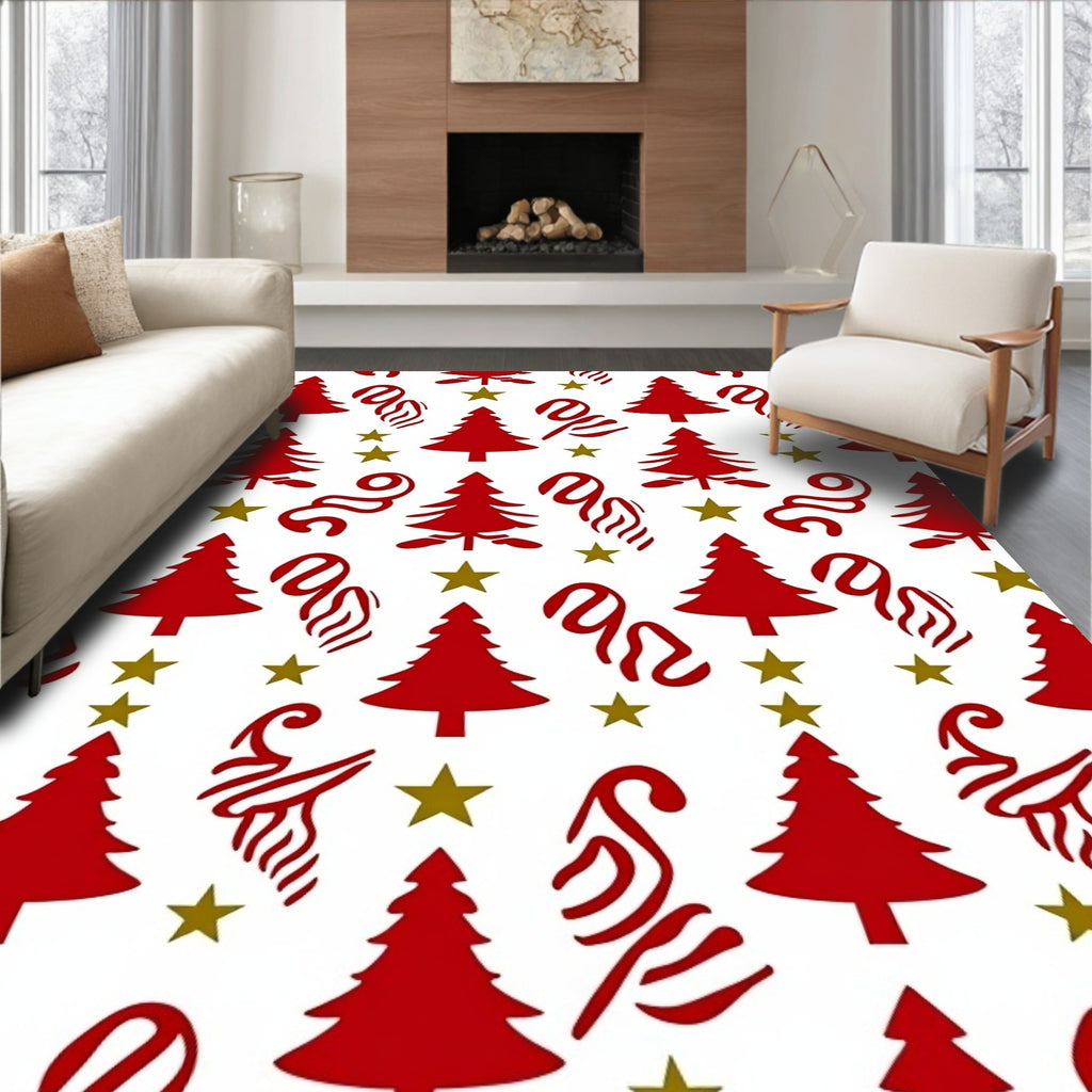 Crimson White Christmas Twirls Stars Rug