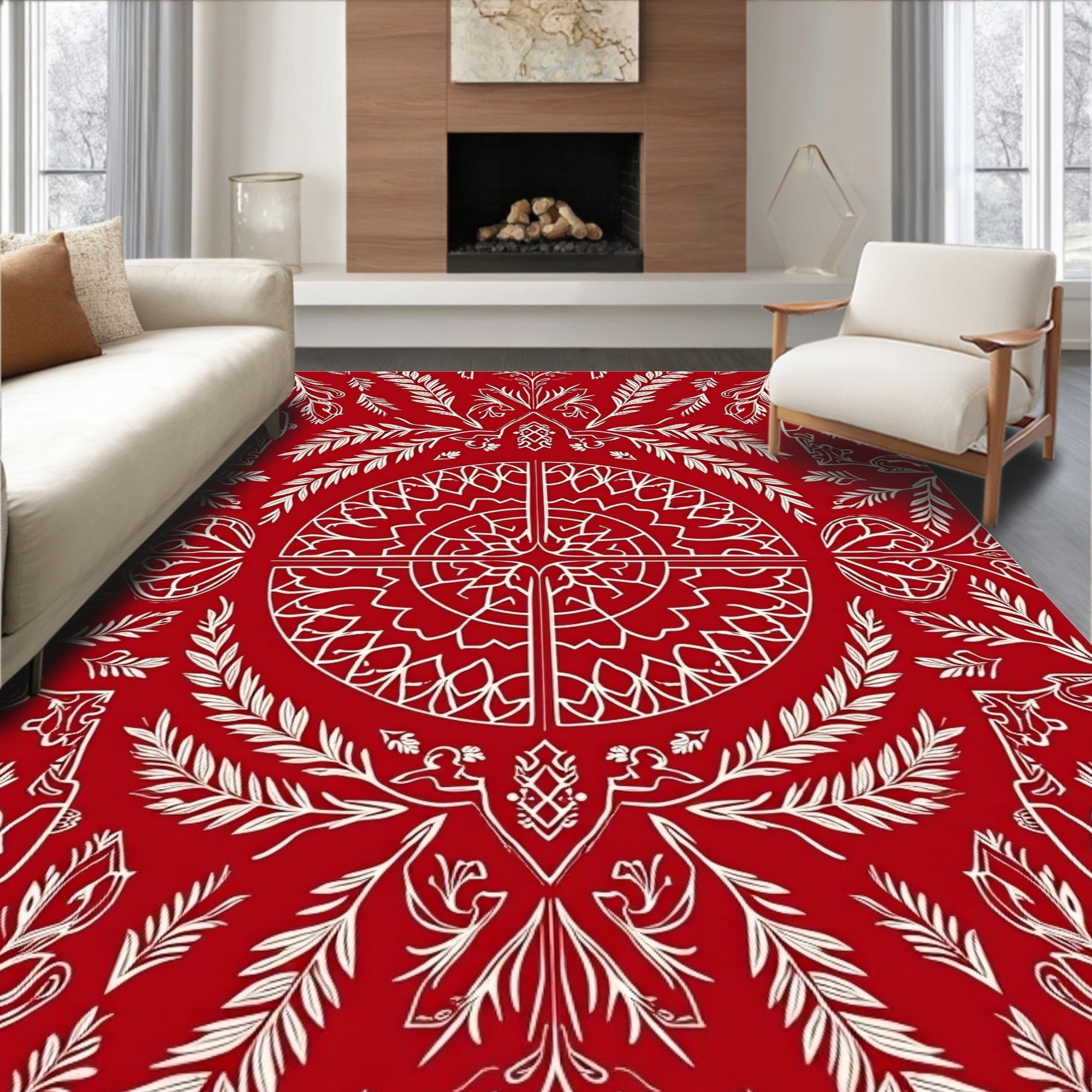 Crimson White Intricate Floral Medallion Rug