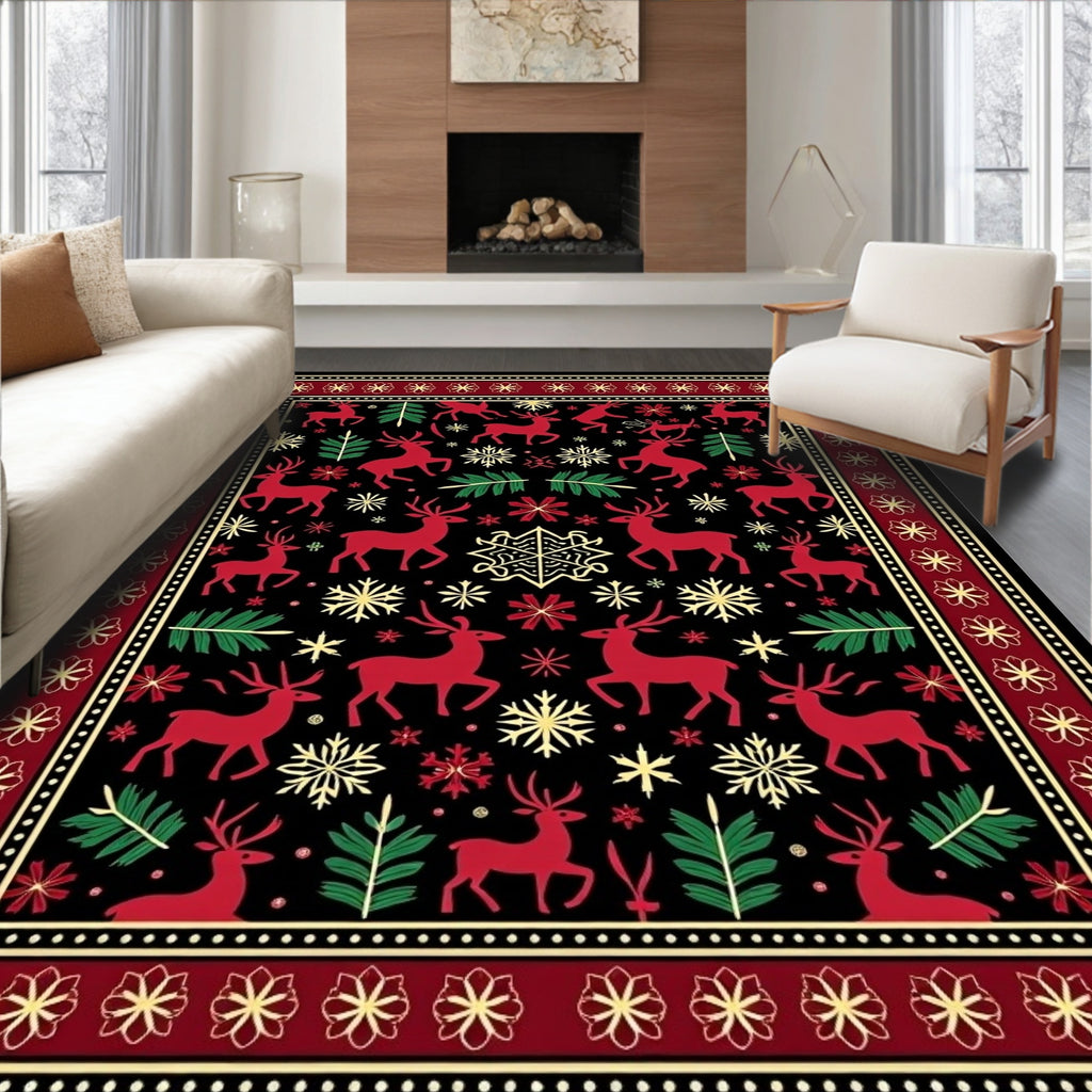 Crimson Reindeer Snowflake Forest Border Rug