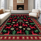 Crimson Reindeer Snowflake Forest Border Rug