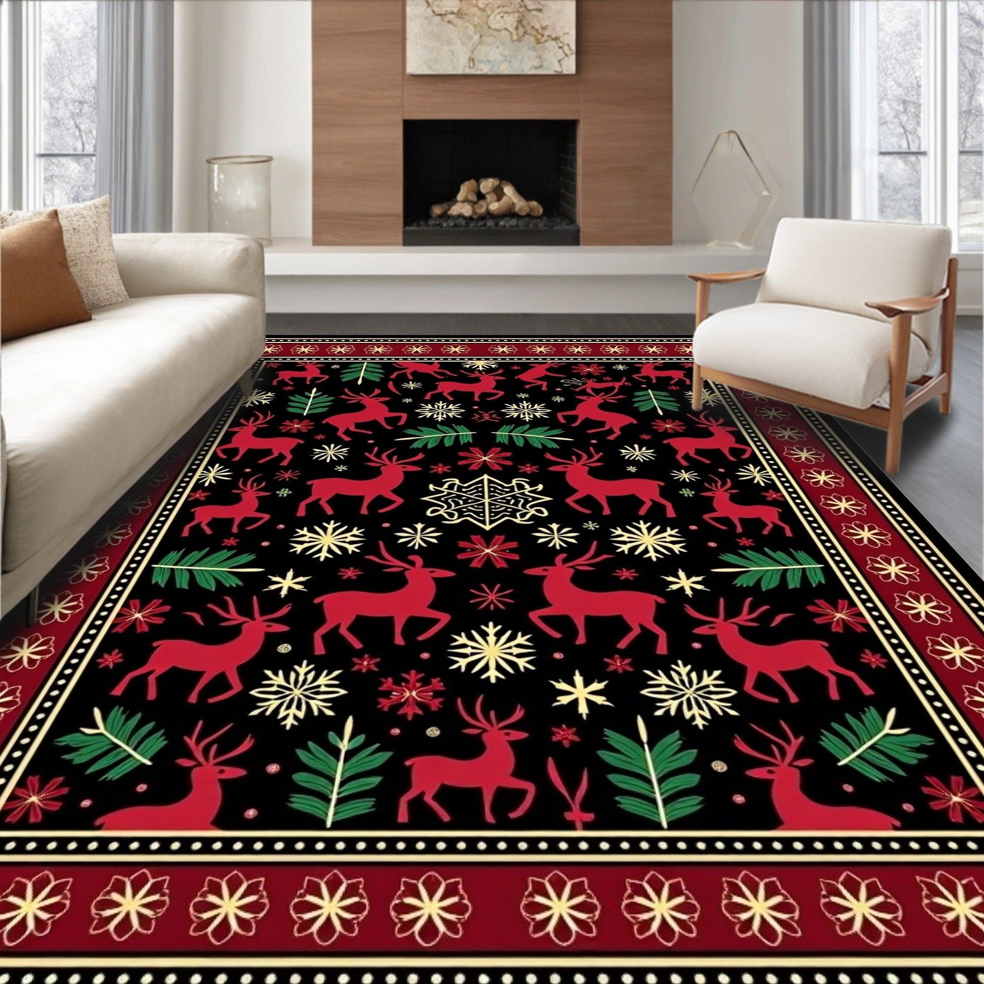Crimson Reindeer Snowflake Forest Border Rug