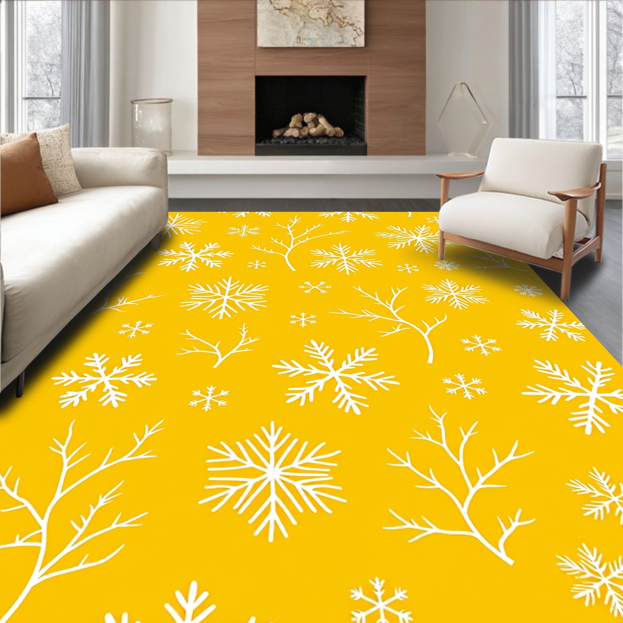 Golden White Snowflake Winter Branches Rug
