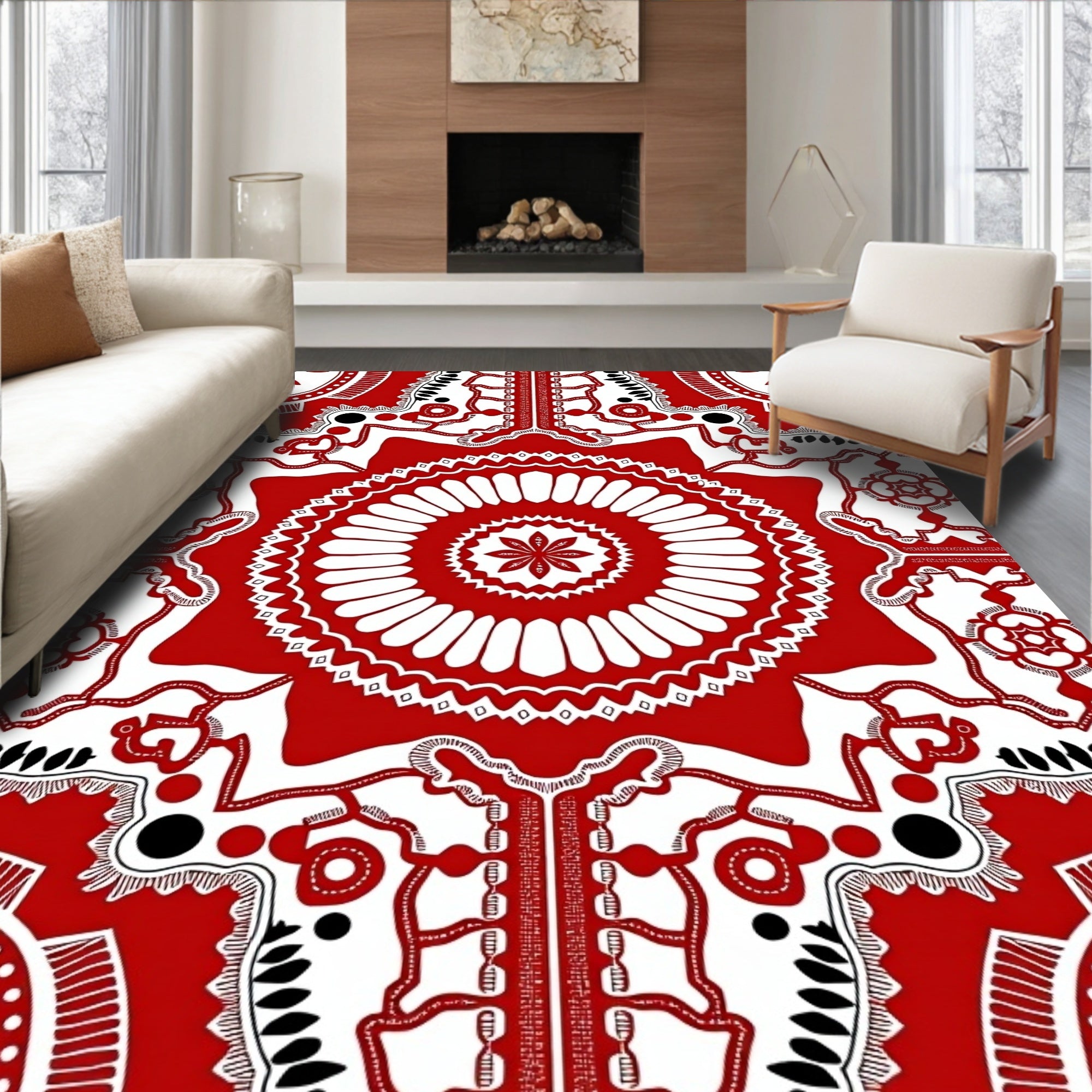Vibrant Red White Mandala medallion Rug