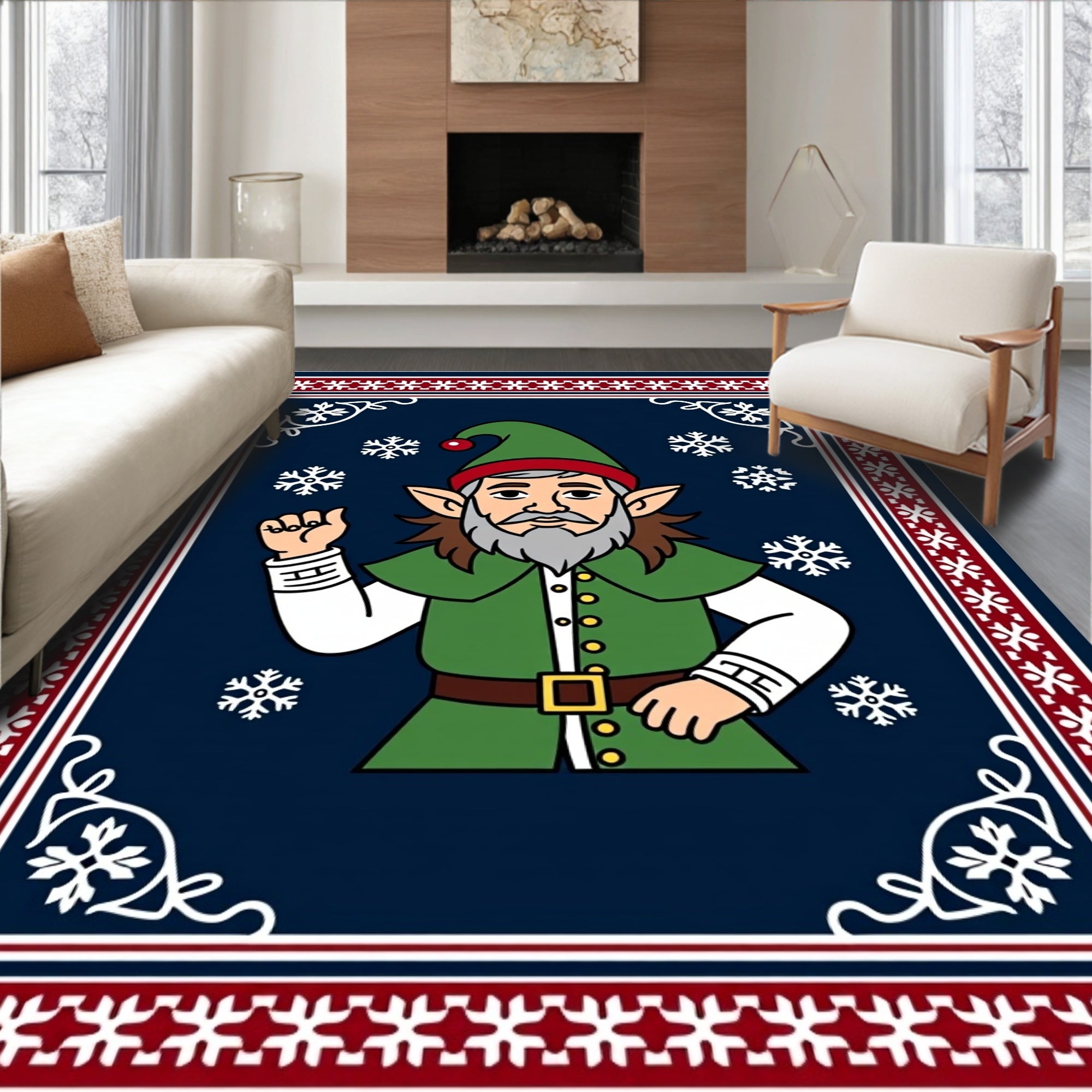 Festive Elf Snowflakes Blue Border Rug