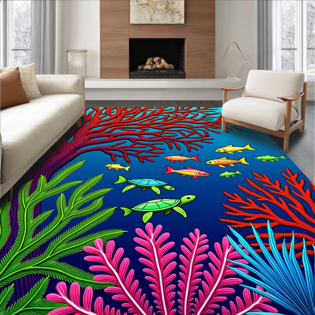 Vibrant Coral Reef Fish Turtles Rug