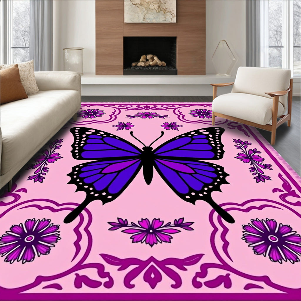 Vibrant Purple Butterfly Floral Border Rug