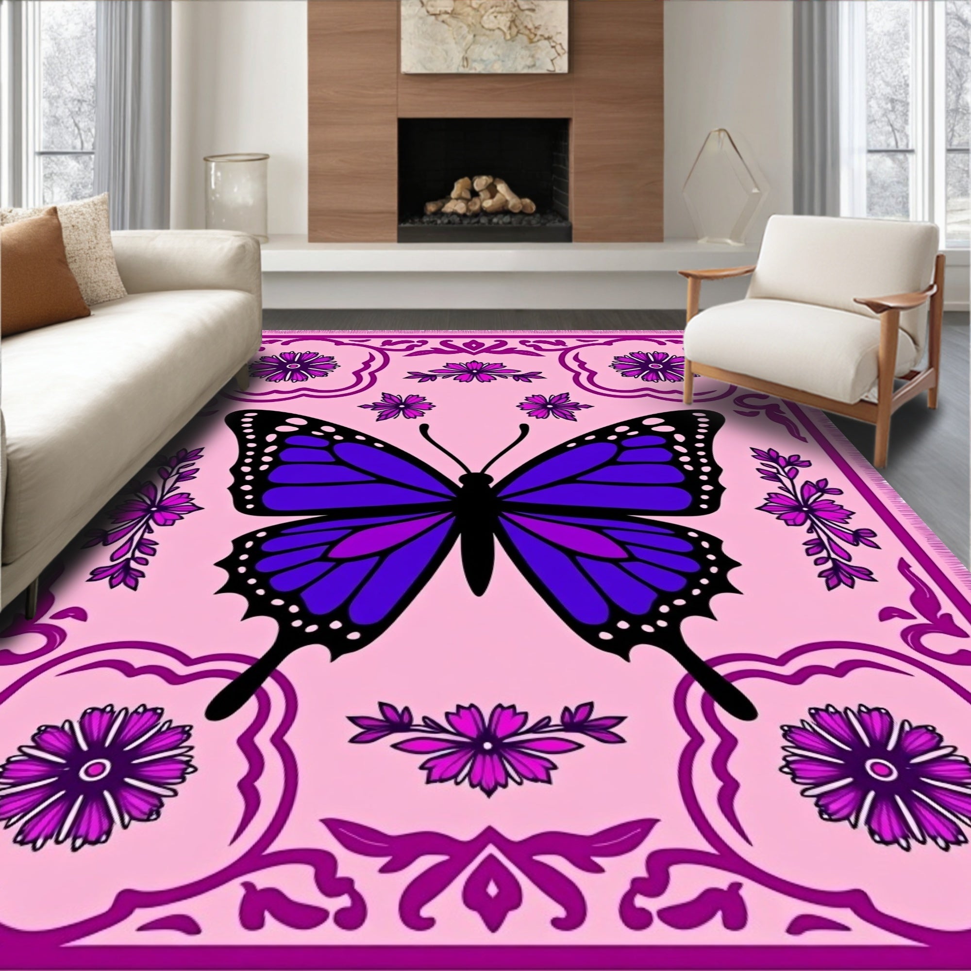 Vibrant Purple Butterfly Floral Border Rug