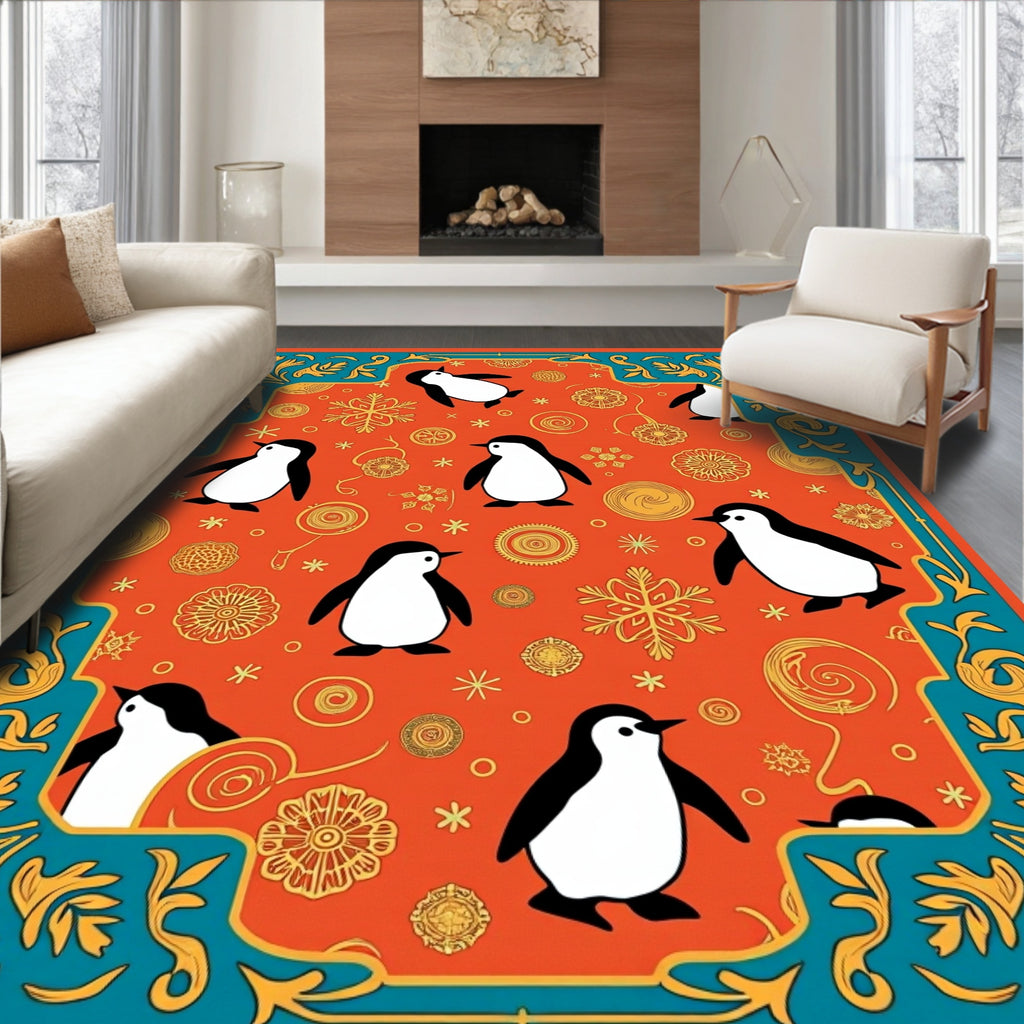 Whimsical Penguin Orange Floral Border Rug