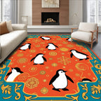 Whimsical Penguin Orange Floral Border Rug