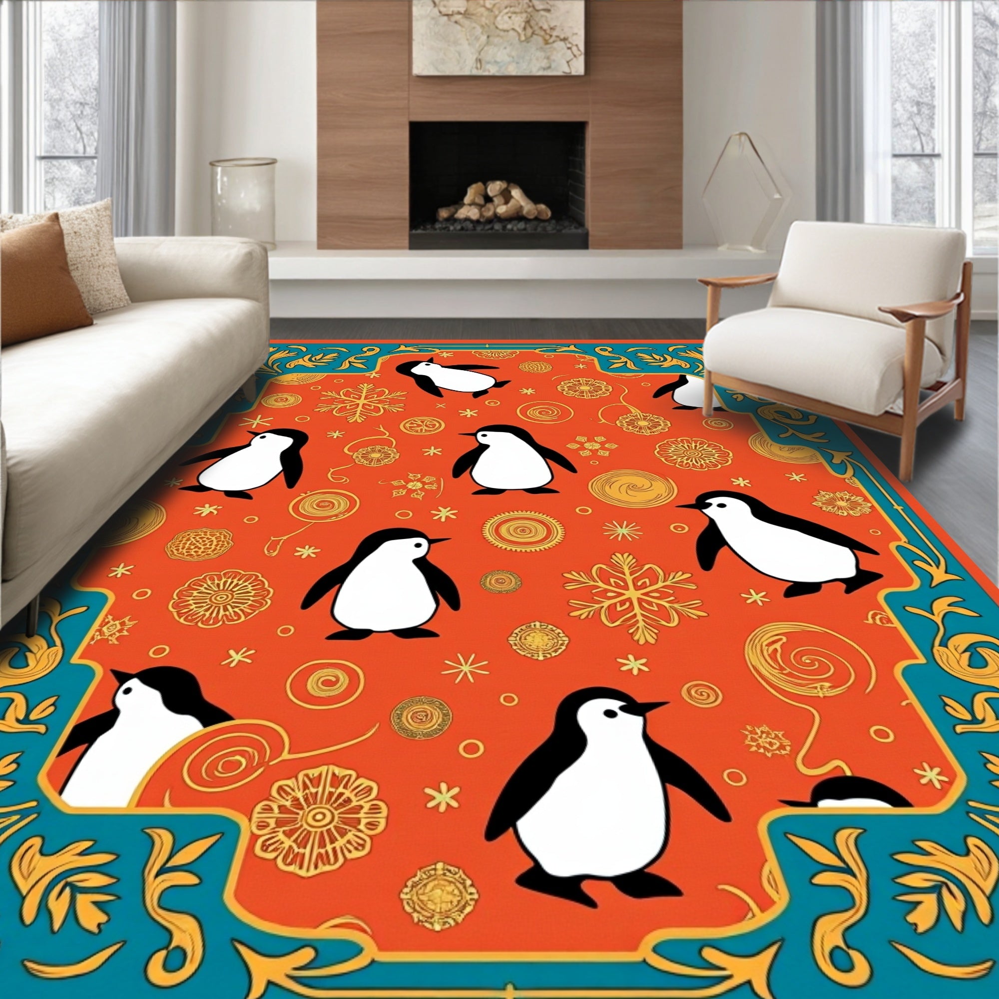 Whimsical Penguin Orange Floral Border Rug