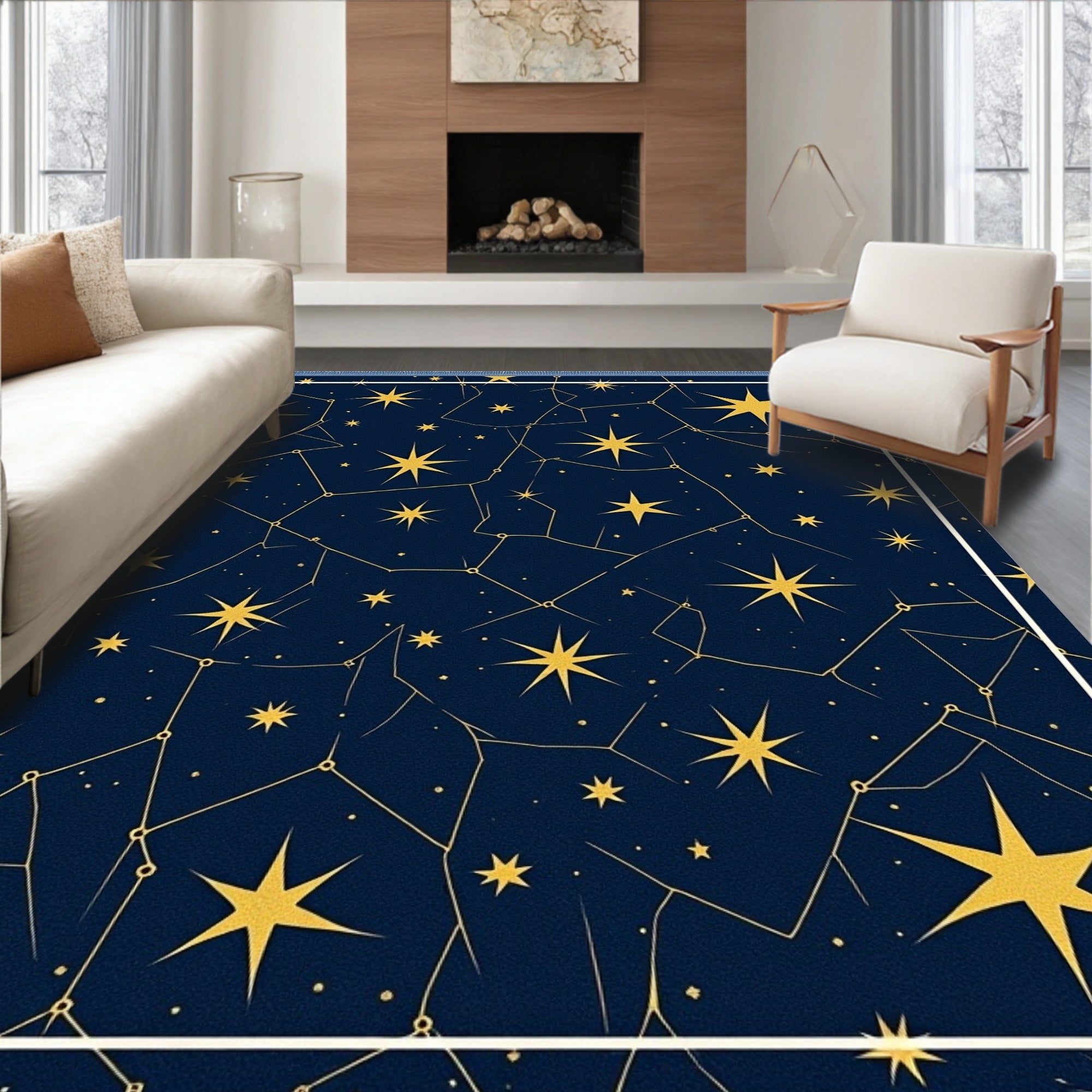 Golden Starry Night Constellation Navy Rug
