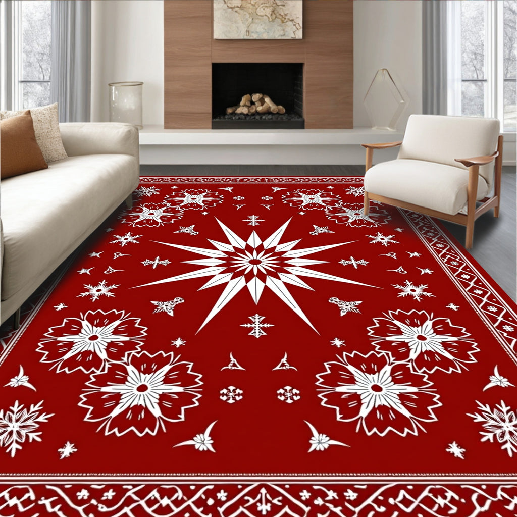 Crimson White Twelve Point Star Floral Rug