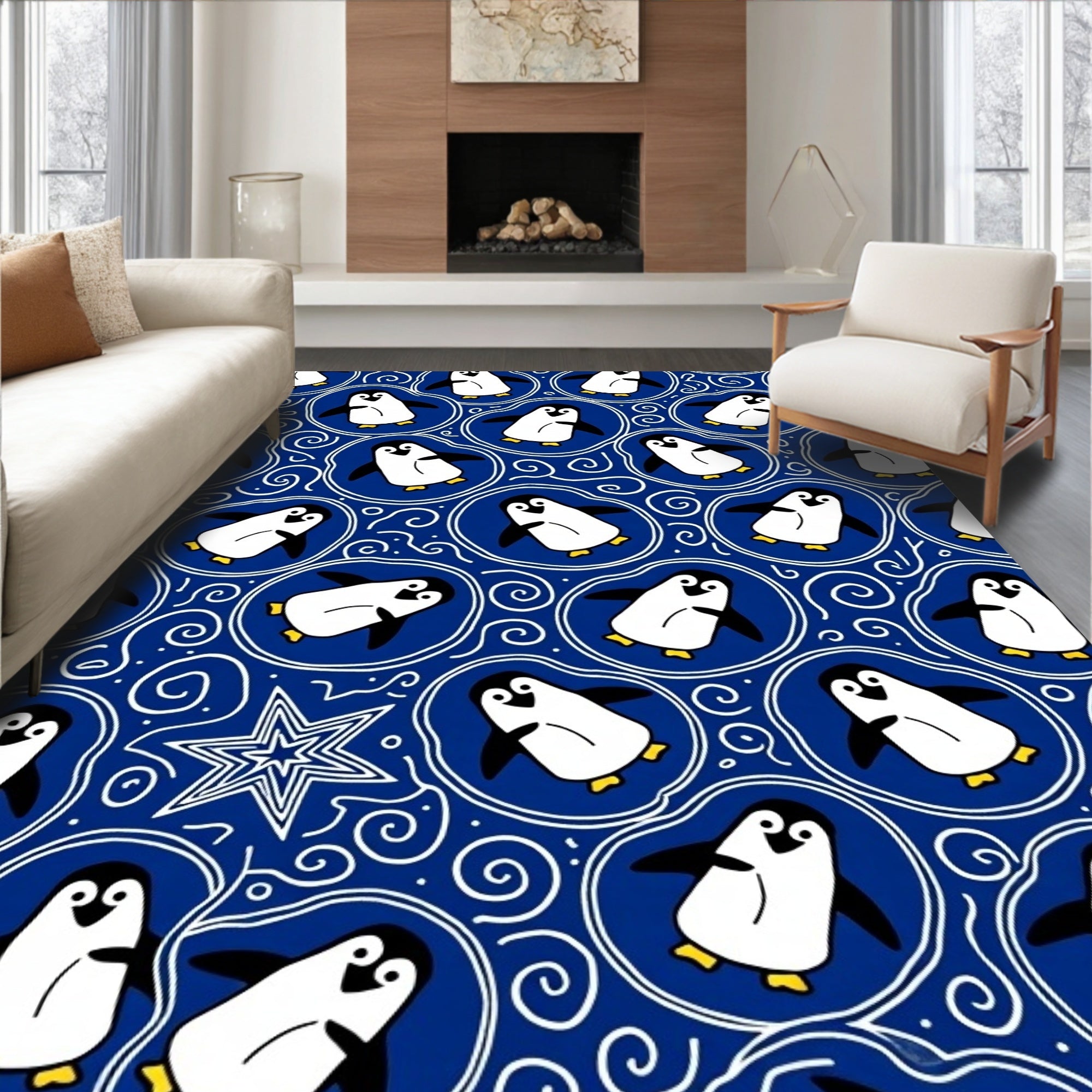 Whimsical Blue Penguin MedallionSwirl Rug