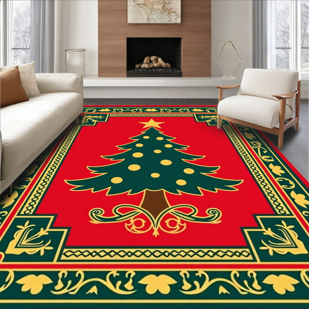 Festive Red Christmas Tree Border Rug