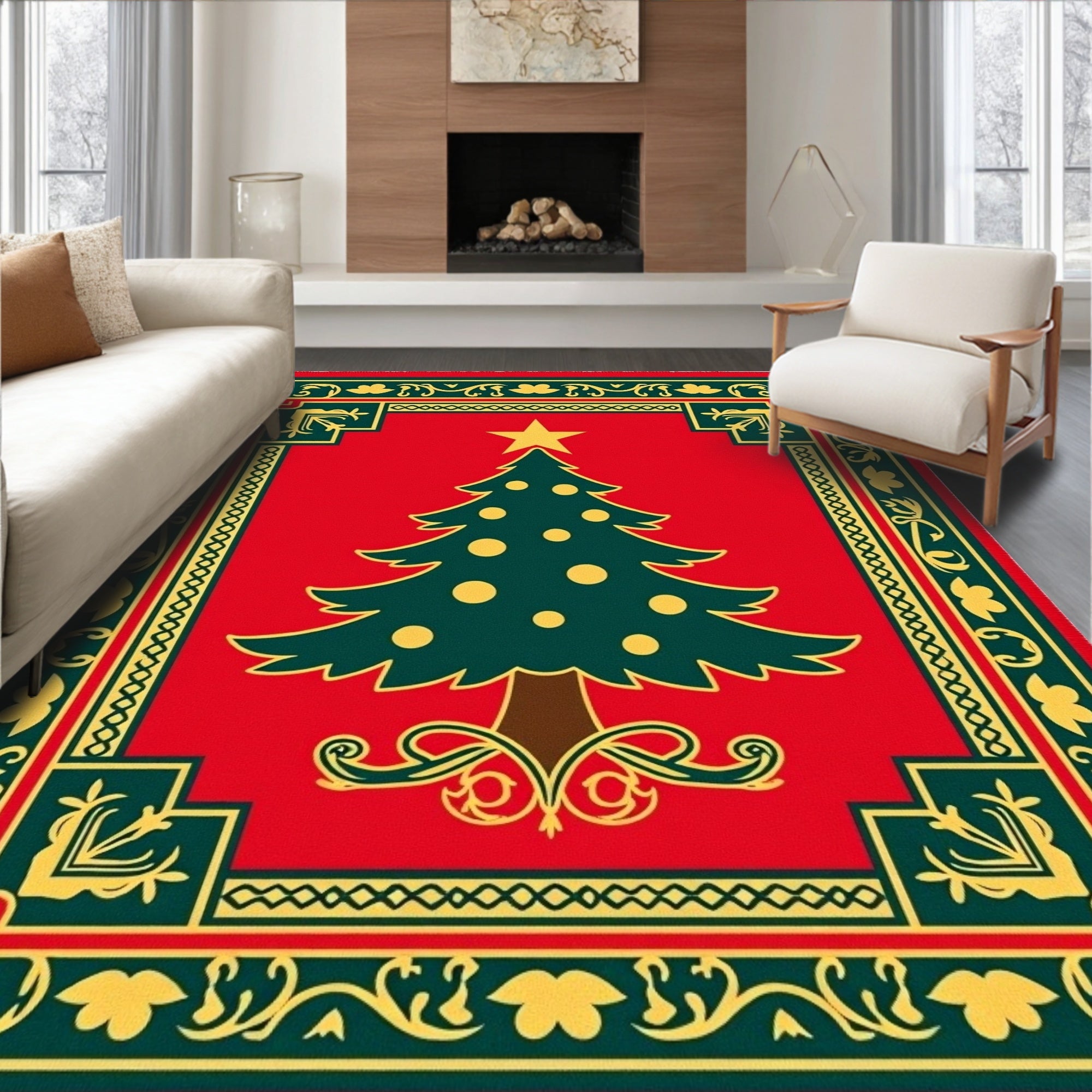 Festive Red Christmas Tree Border Rug