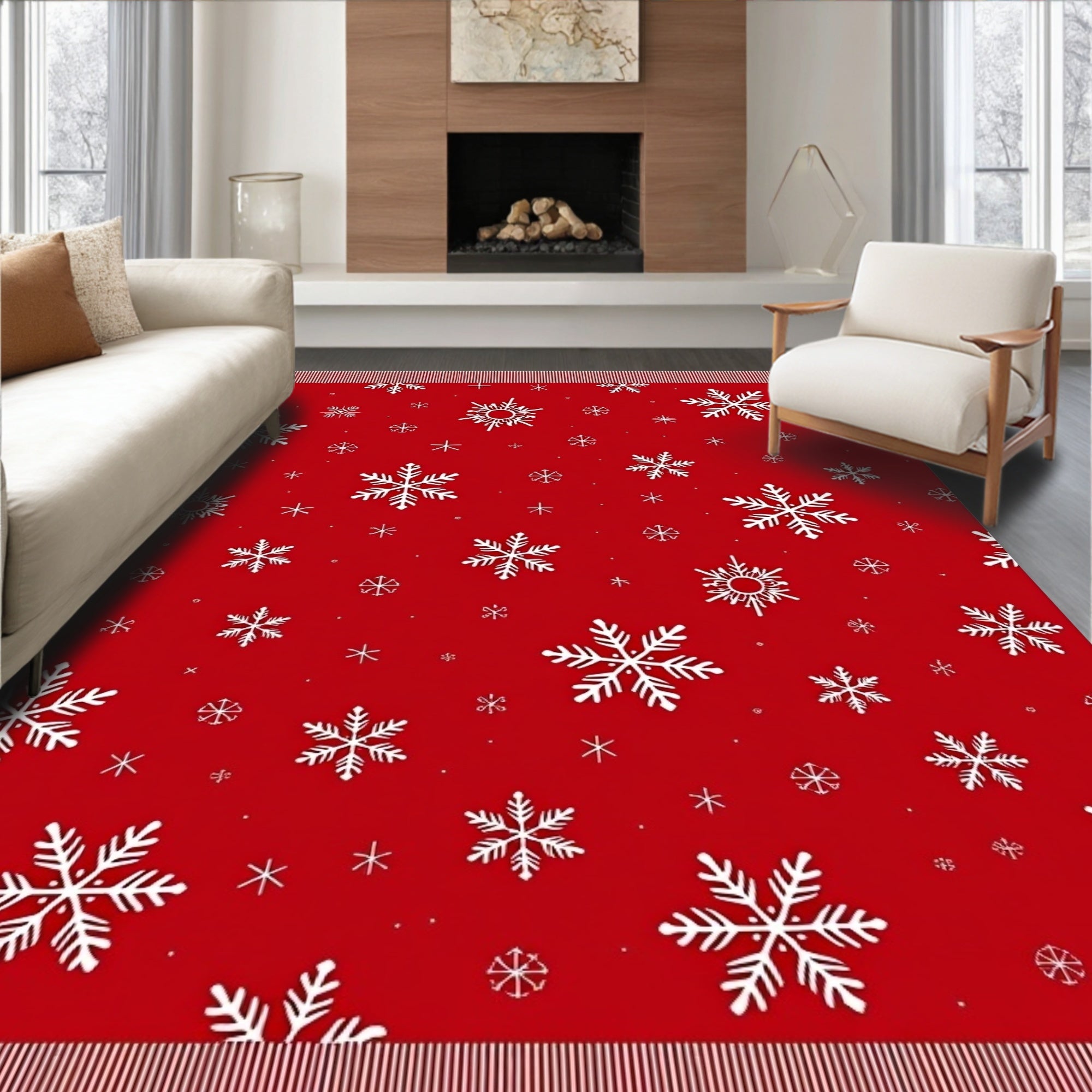 Crimson Red Snowfall Snowflake Scatter Rug