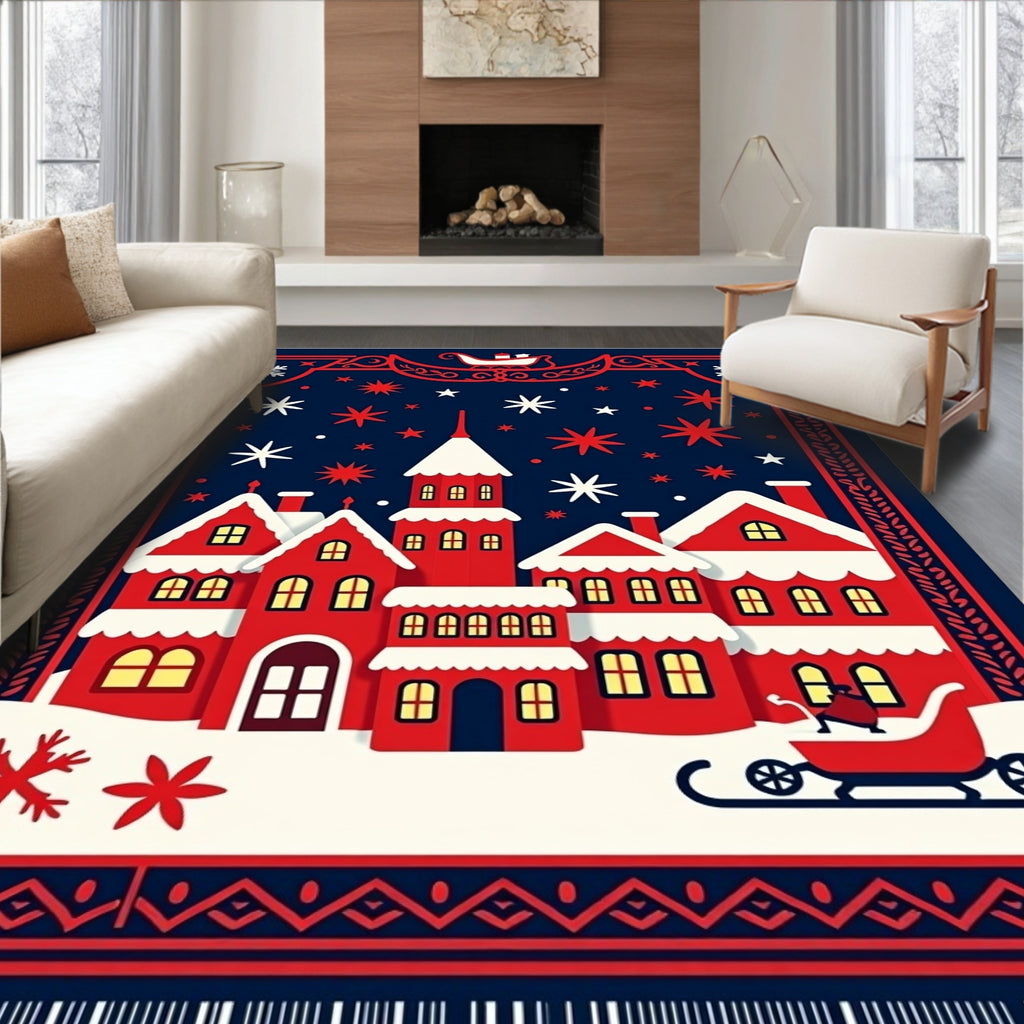 Winter Village Red Snowflakes Scene Rug