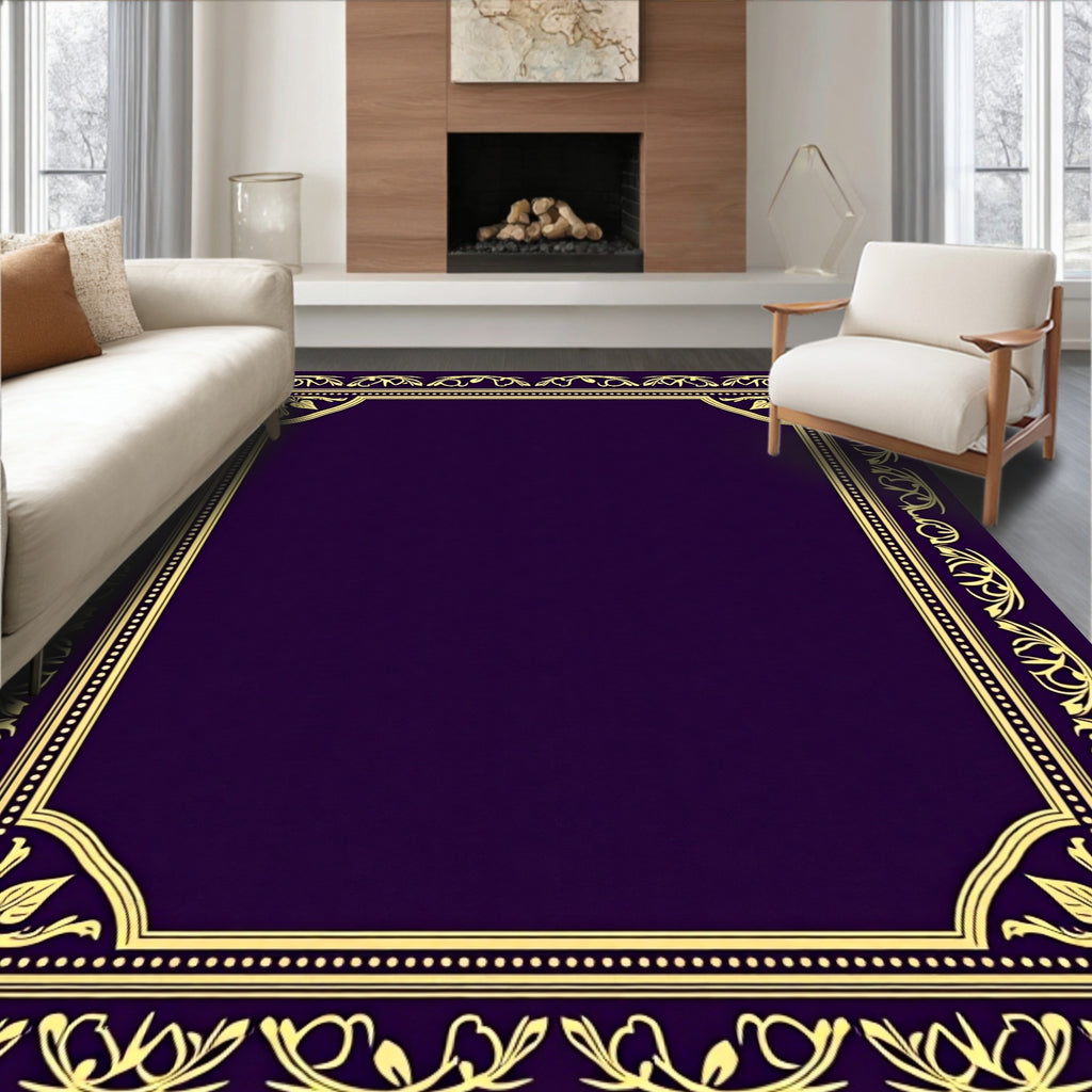Ornate Golden Floral Purple Border Rug