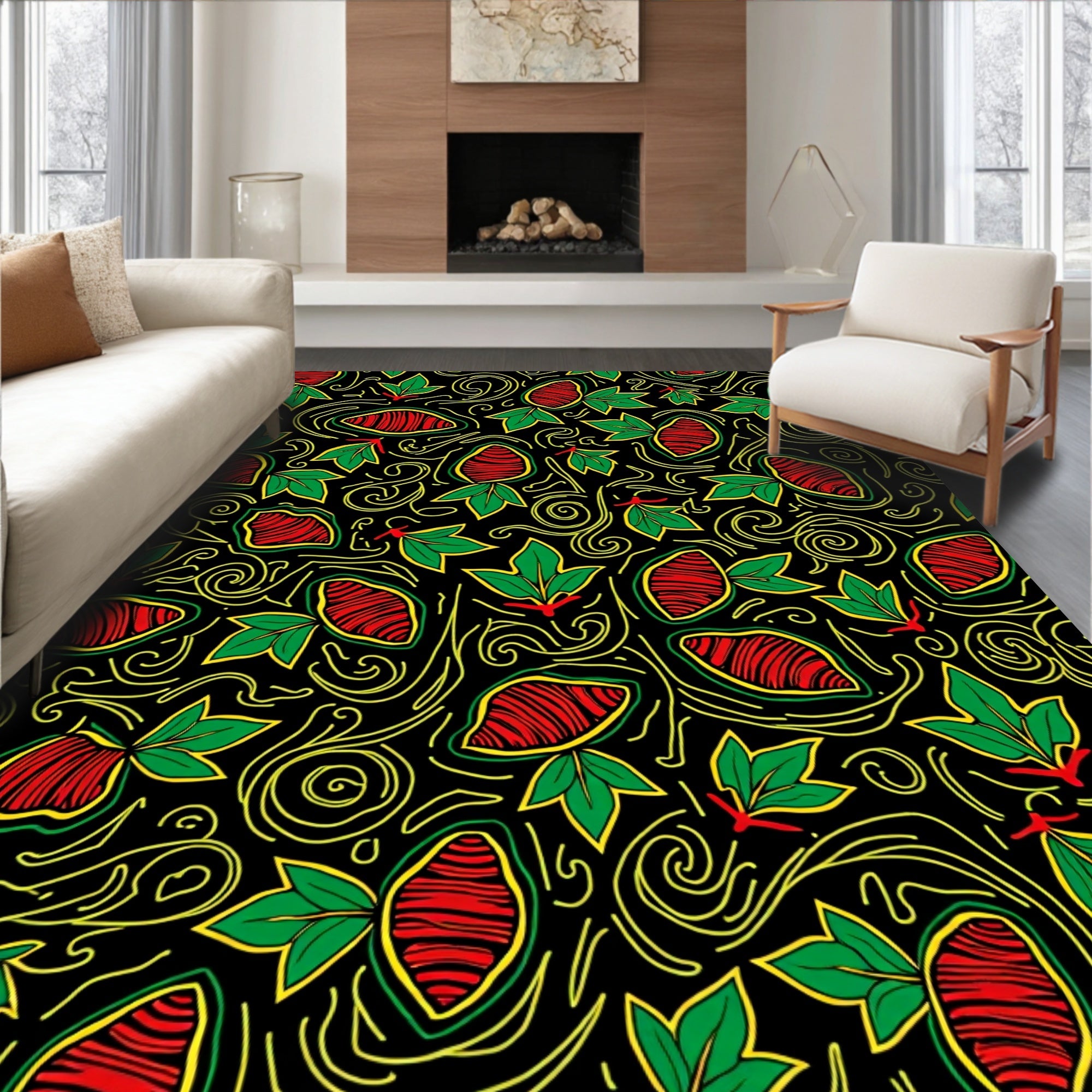 Bold Red Green Leaf Swirl Rug