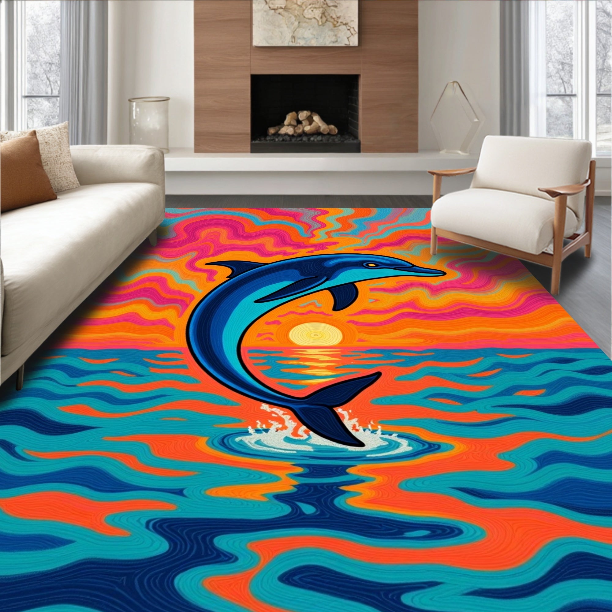 Psychedelic Dolphin Sunset Ocean Waves Rug