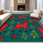 Red Reindeer Emerald Christmas Trees Snowflakes Rug
