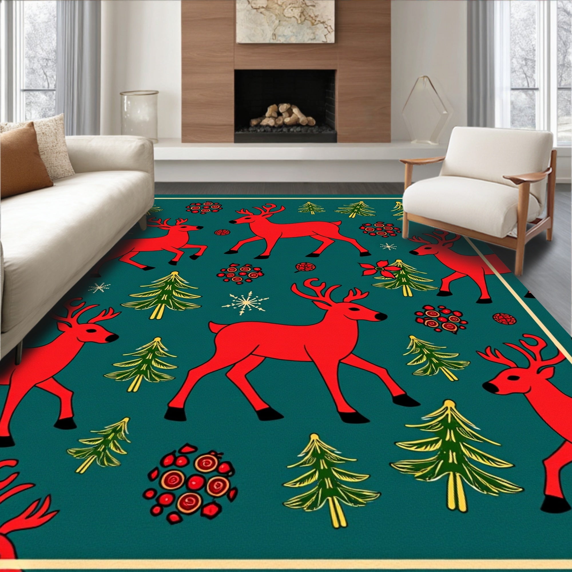 Red Reindeer Emerald Christmas Trees Snowflakes Rug