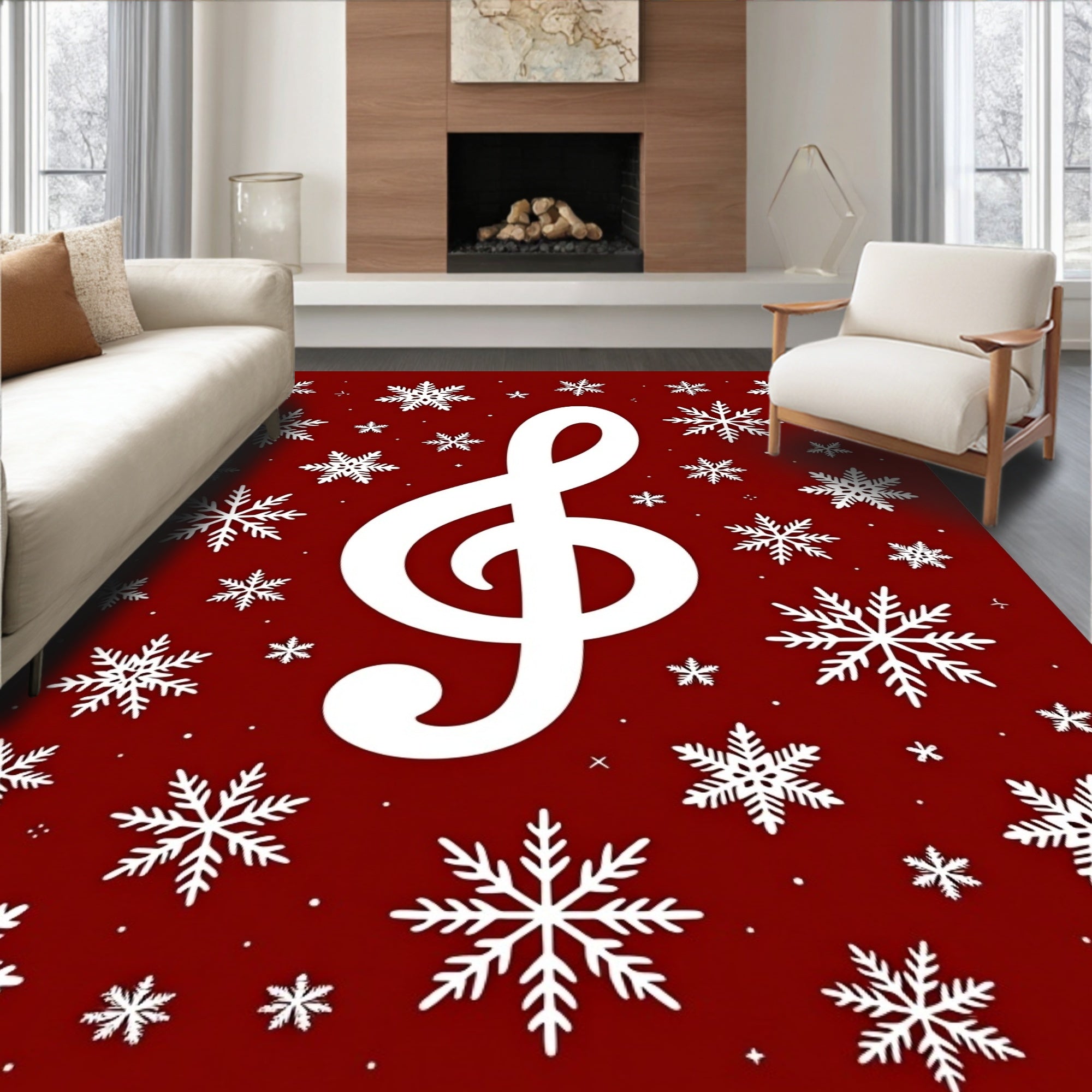Red Snowflake Treble Clef Melodies Rug