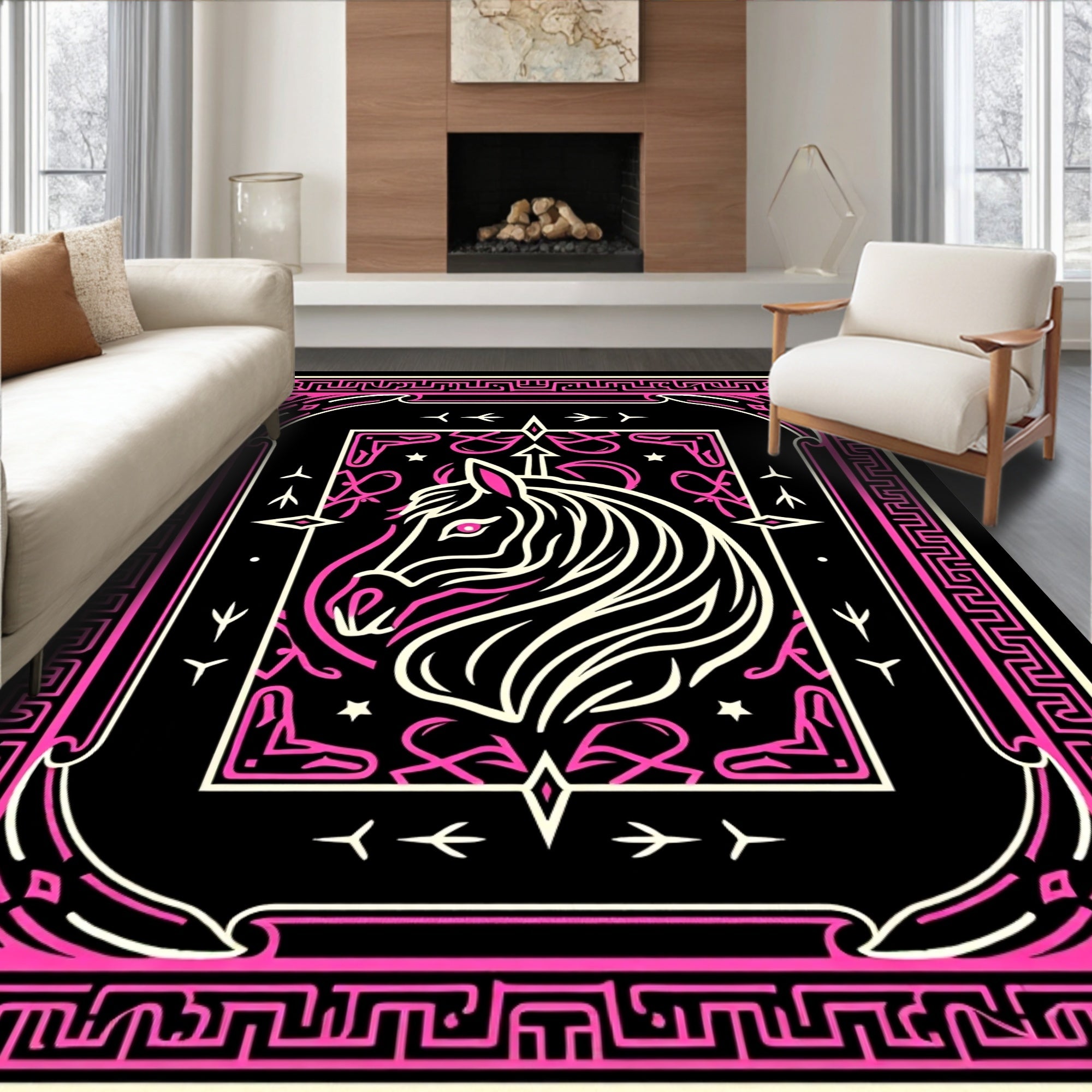 Bold Pink Horse Abstract Frame Rug