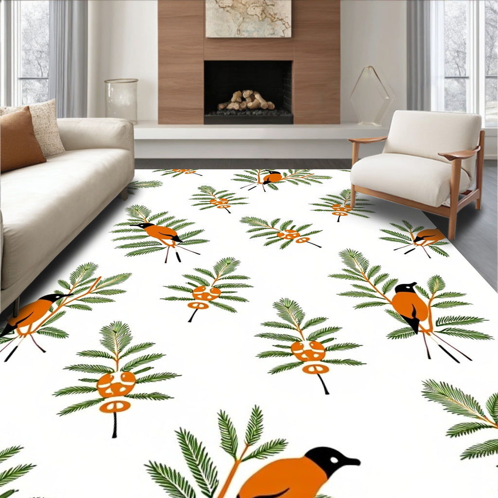 Whimsical Orange Bird Evergreen Sprig Rug