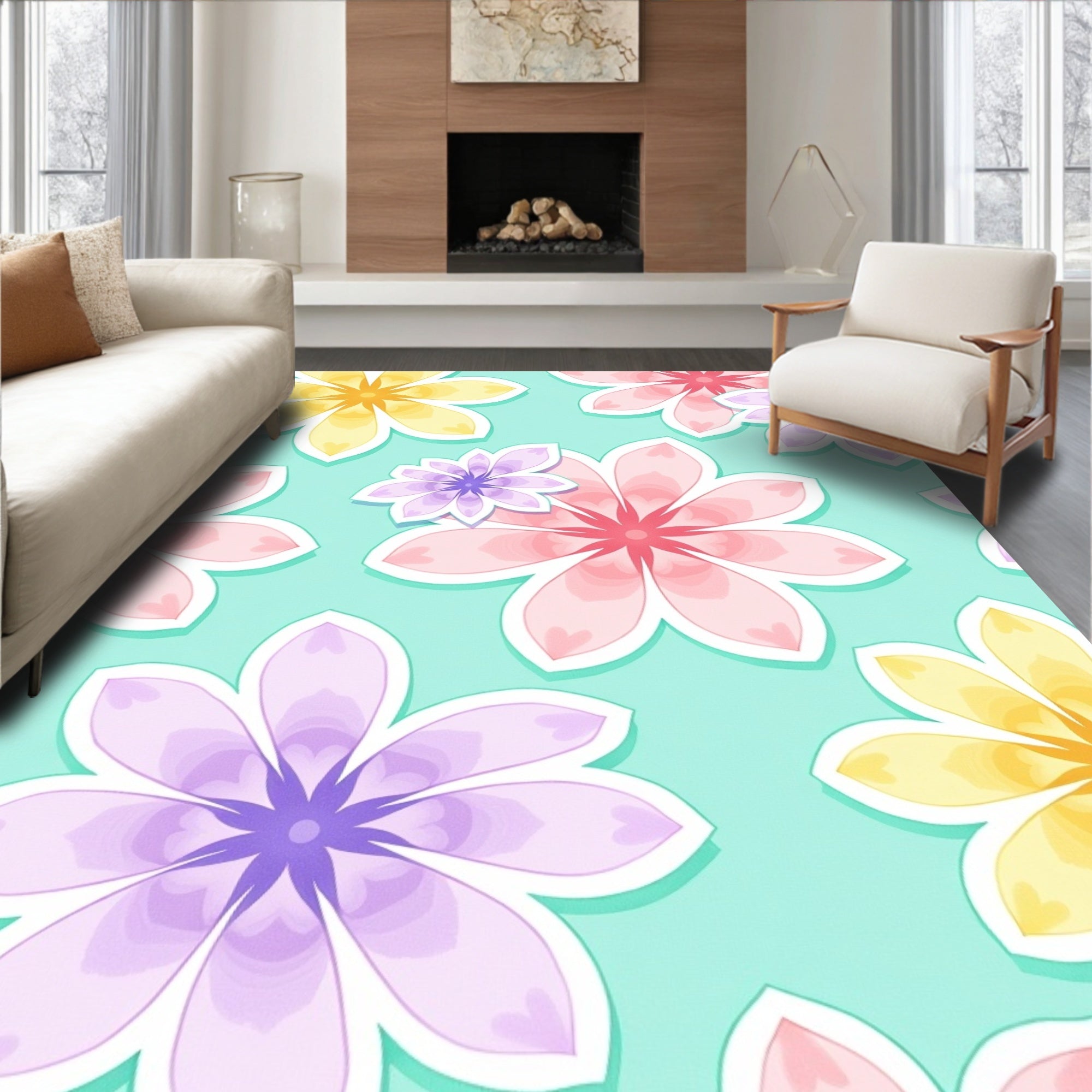 Pastel Watercolor Flower Meadow Rug