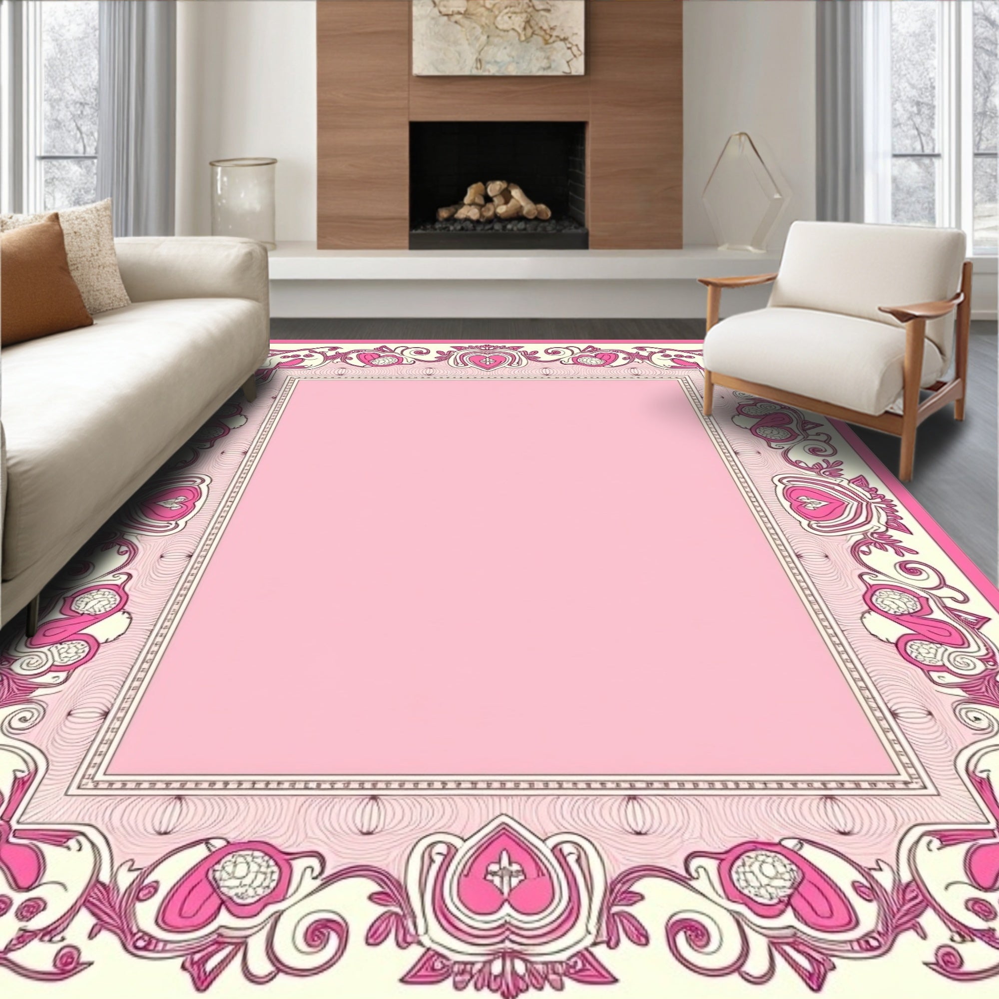 Whimsical Pink Heart Floral Frame Rug