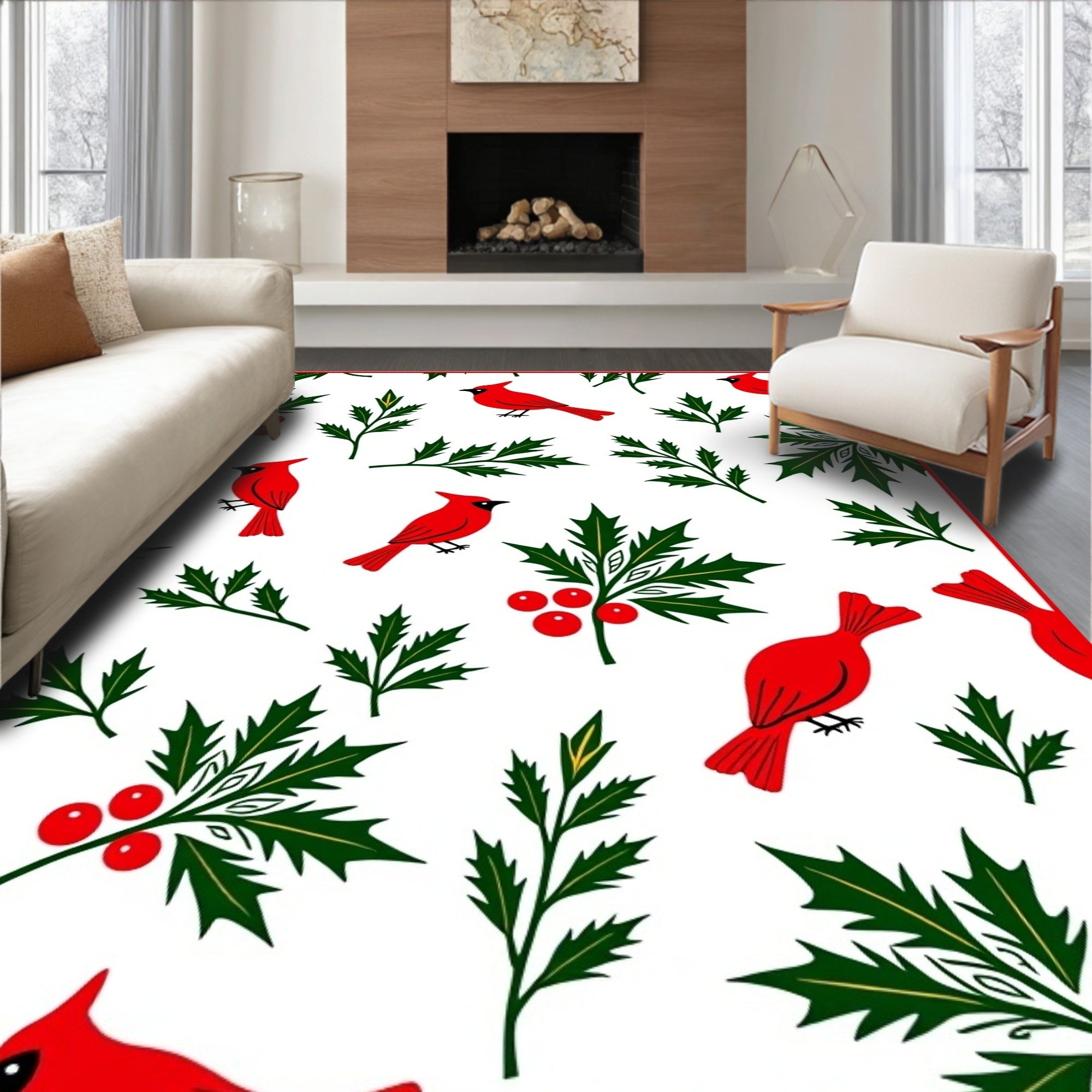 Red Cardinal Holly Berry Branch Rug