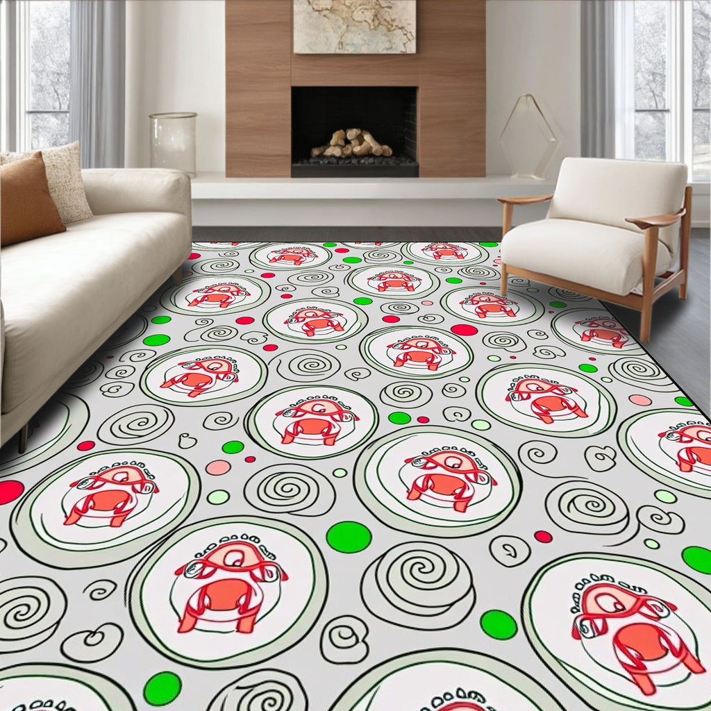 Whimsical Red Creatures Swirl Rug