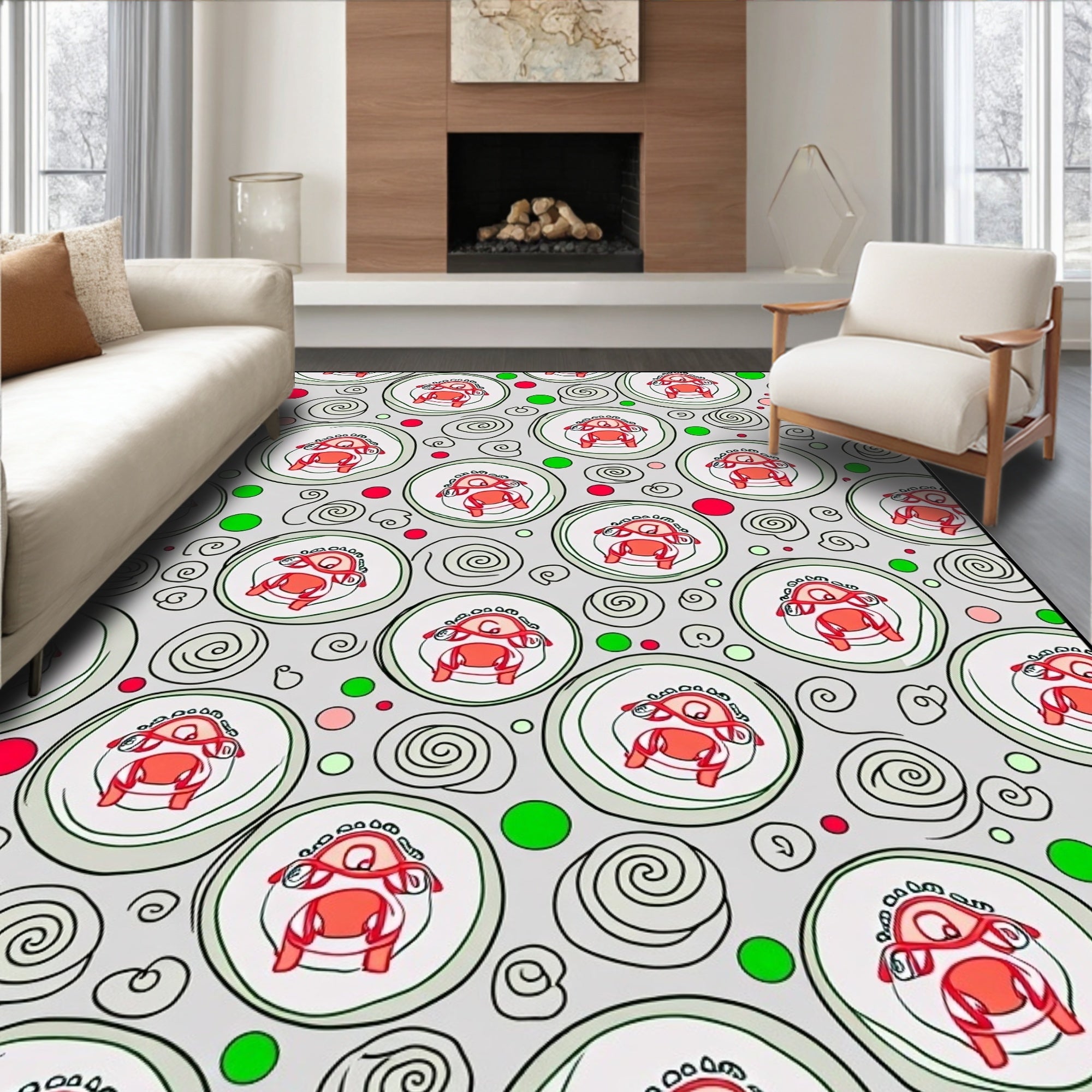 Whimsical Red Creatures Swirl Rug