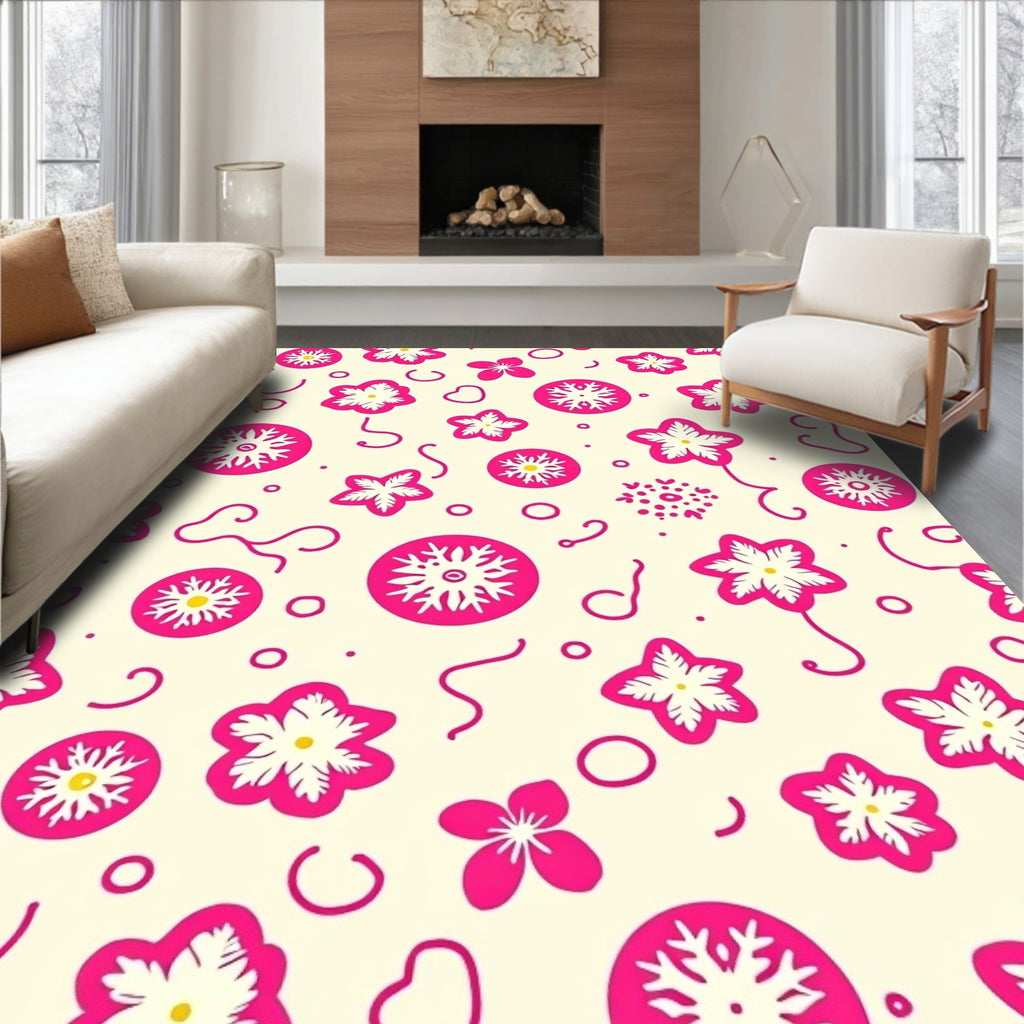Bright Pink Floral Creamy Background Swirls Rug