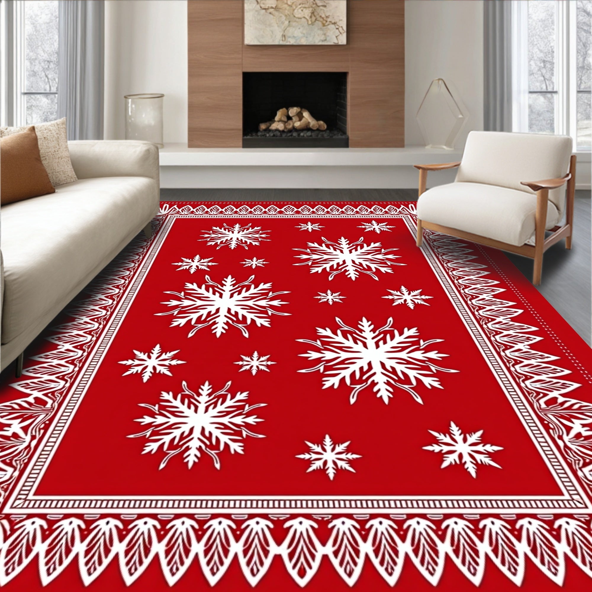 Crimson Snowflake Festive Border Rug