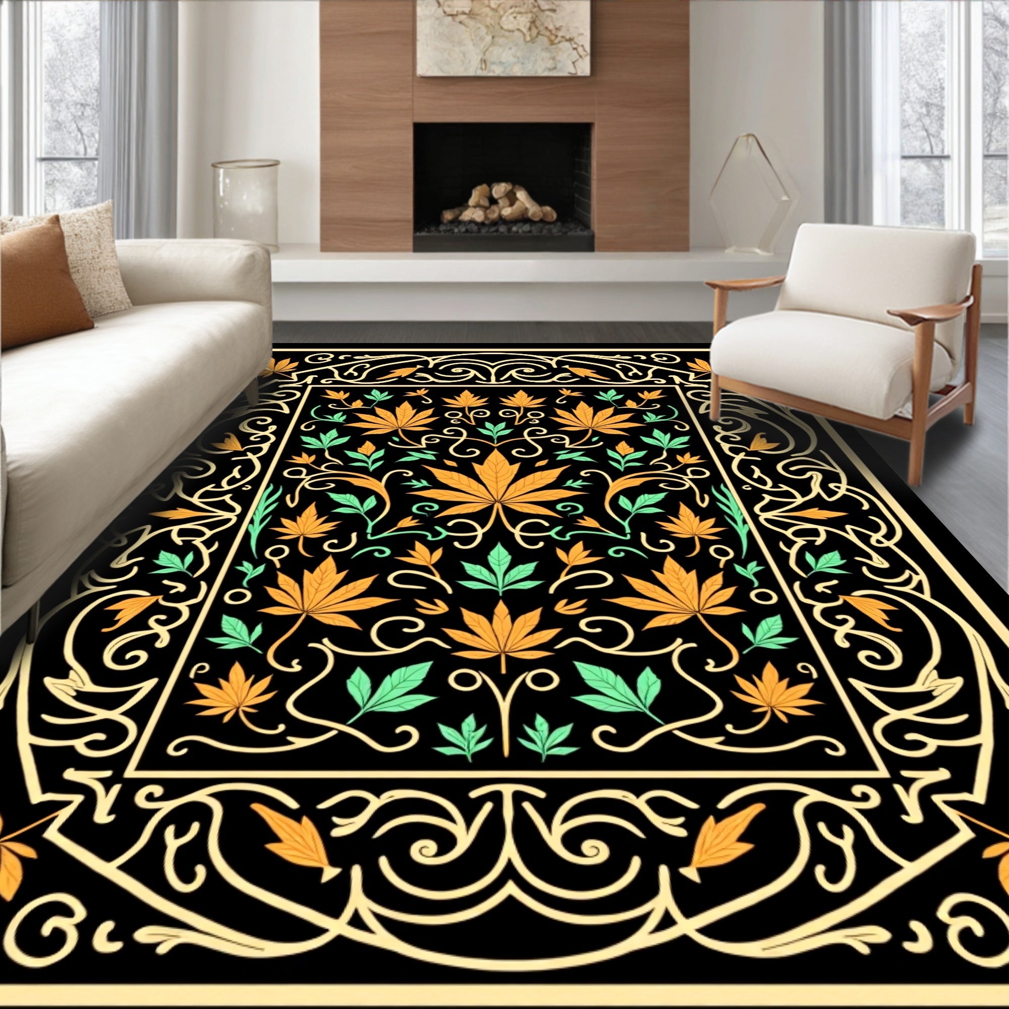 Golden Orange Leaf Scrollwork Black Rug