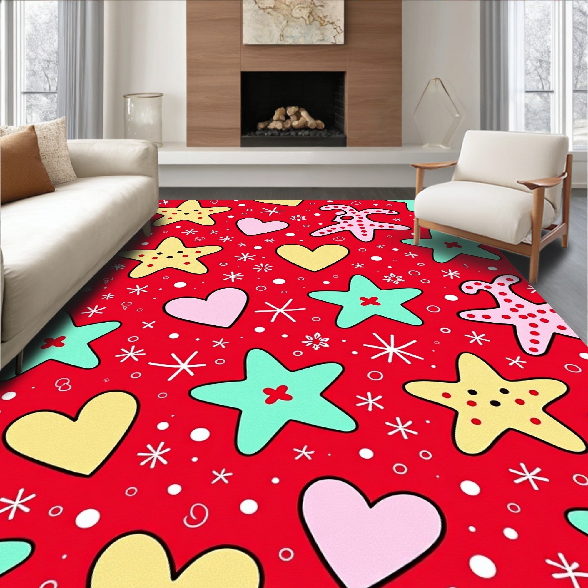 Playful Star Hearts Scatter Red Rug