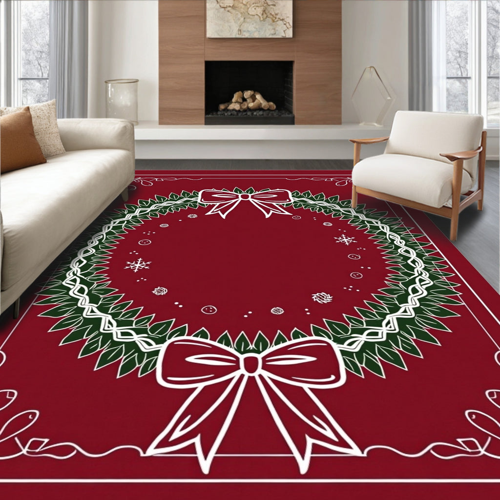 Holiday Wreath Red Bows Snowflakes Border Rug
