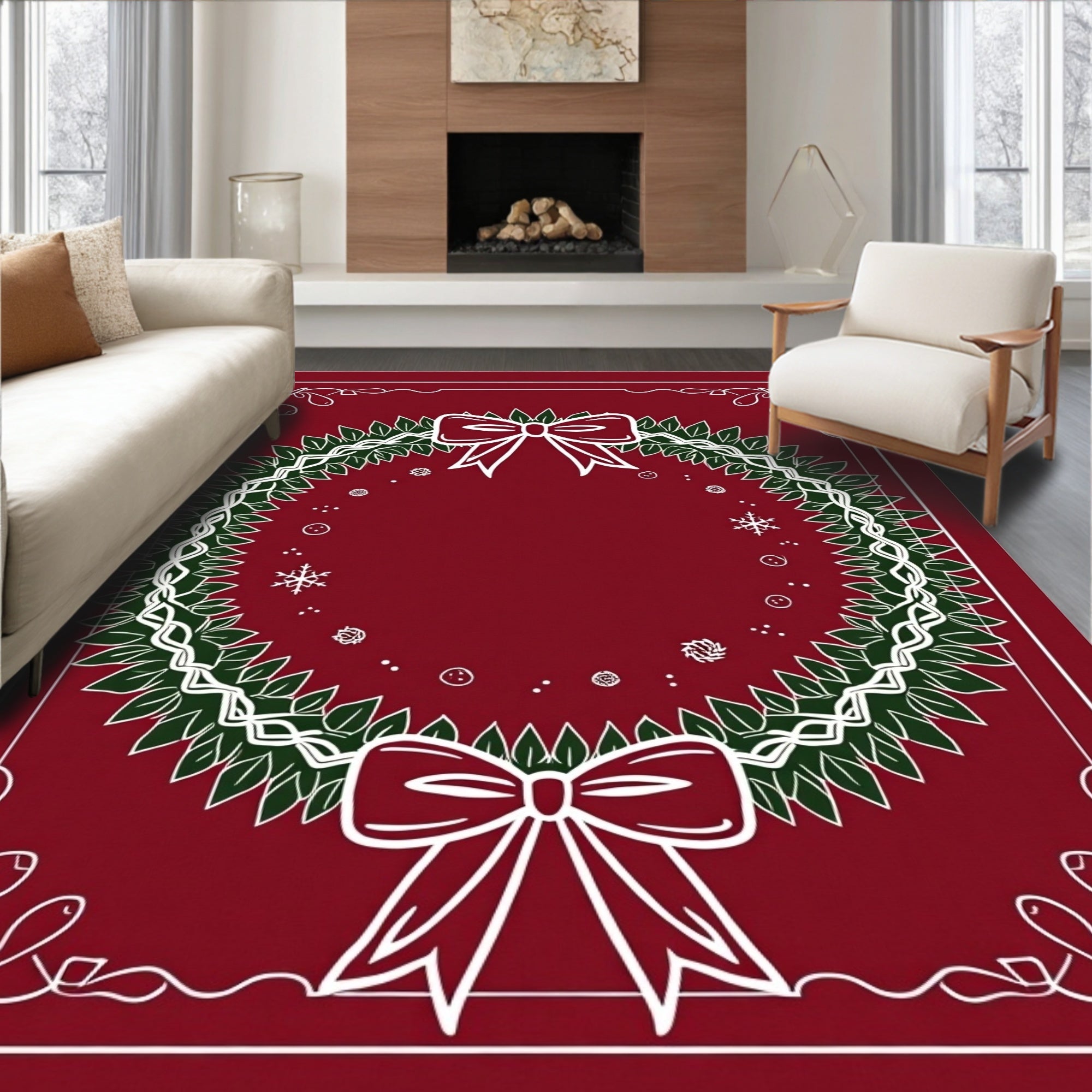 Holiday Wreath Red Bows Snowflakes Border Rug