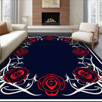 Deep Indigo Red Rose Vine Frame Rug