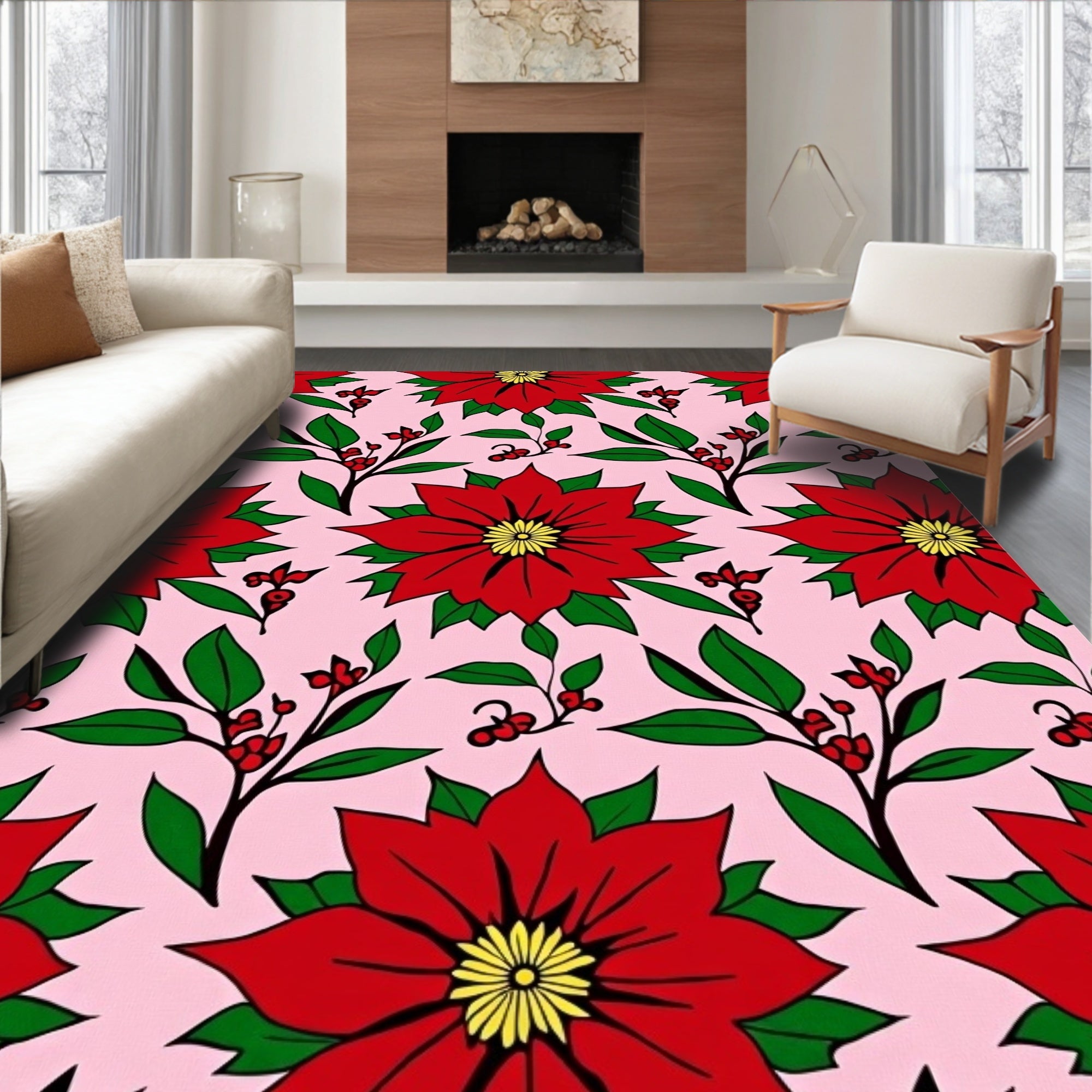 Red Poinsettia Floral Pink Background Rug