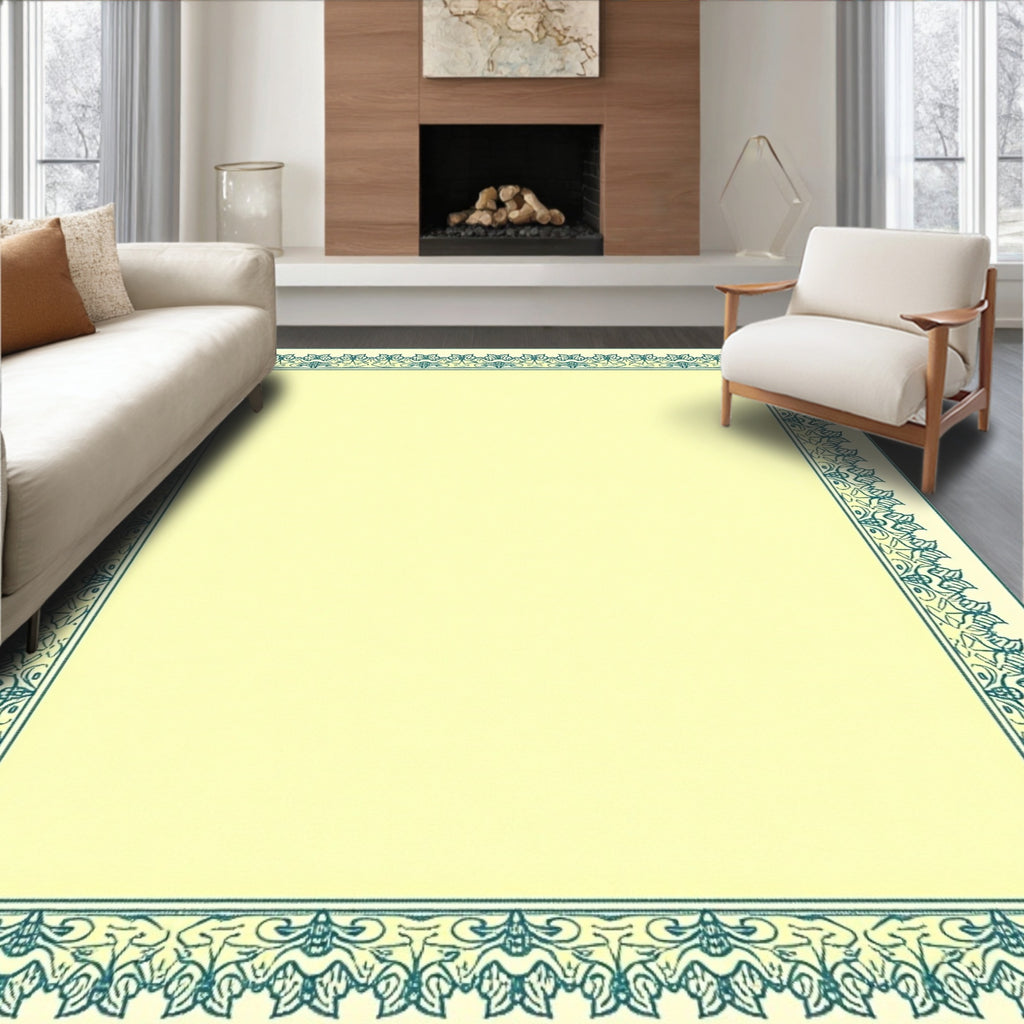 Pale Yellow Teal Ornate Border Rug
