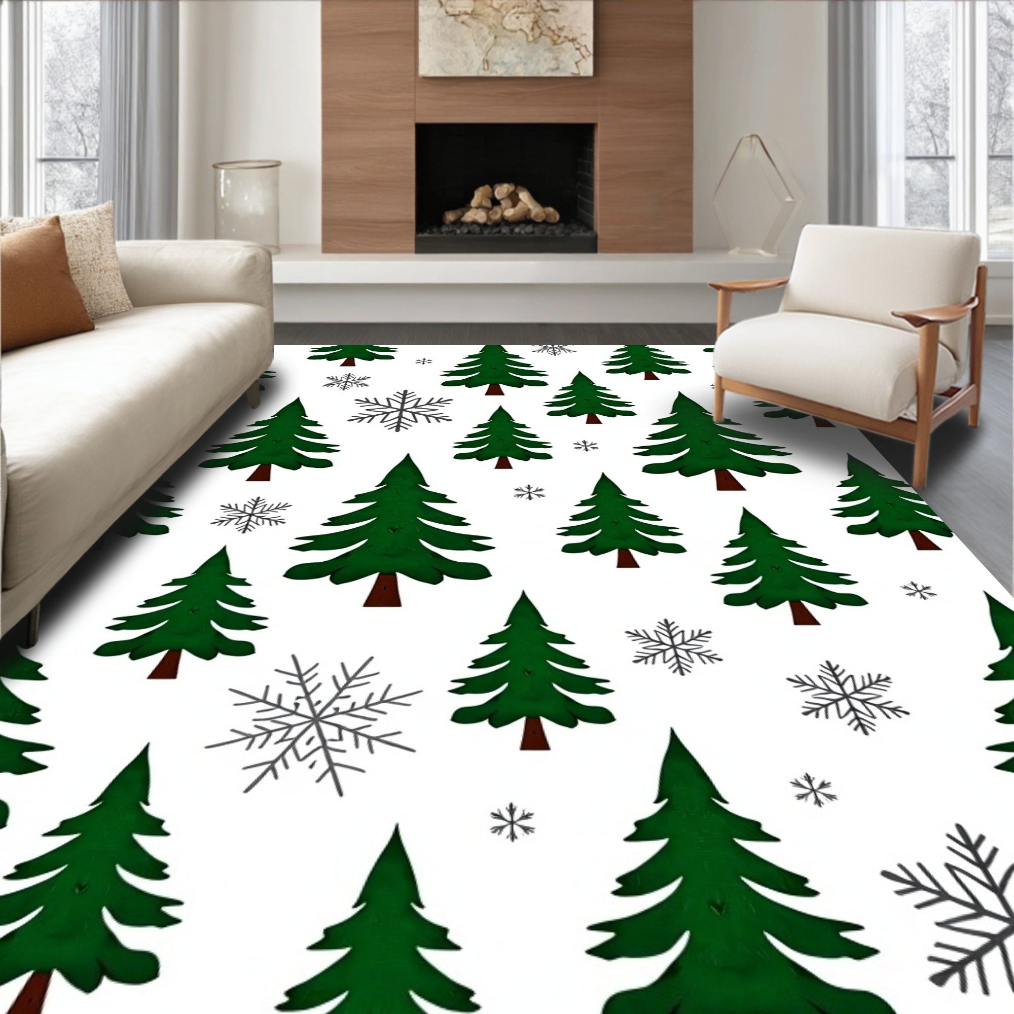 Green Evergreen Winter Forest Snowflakes Rug
