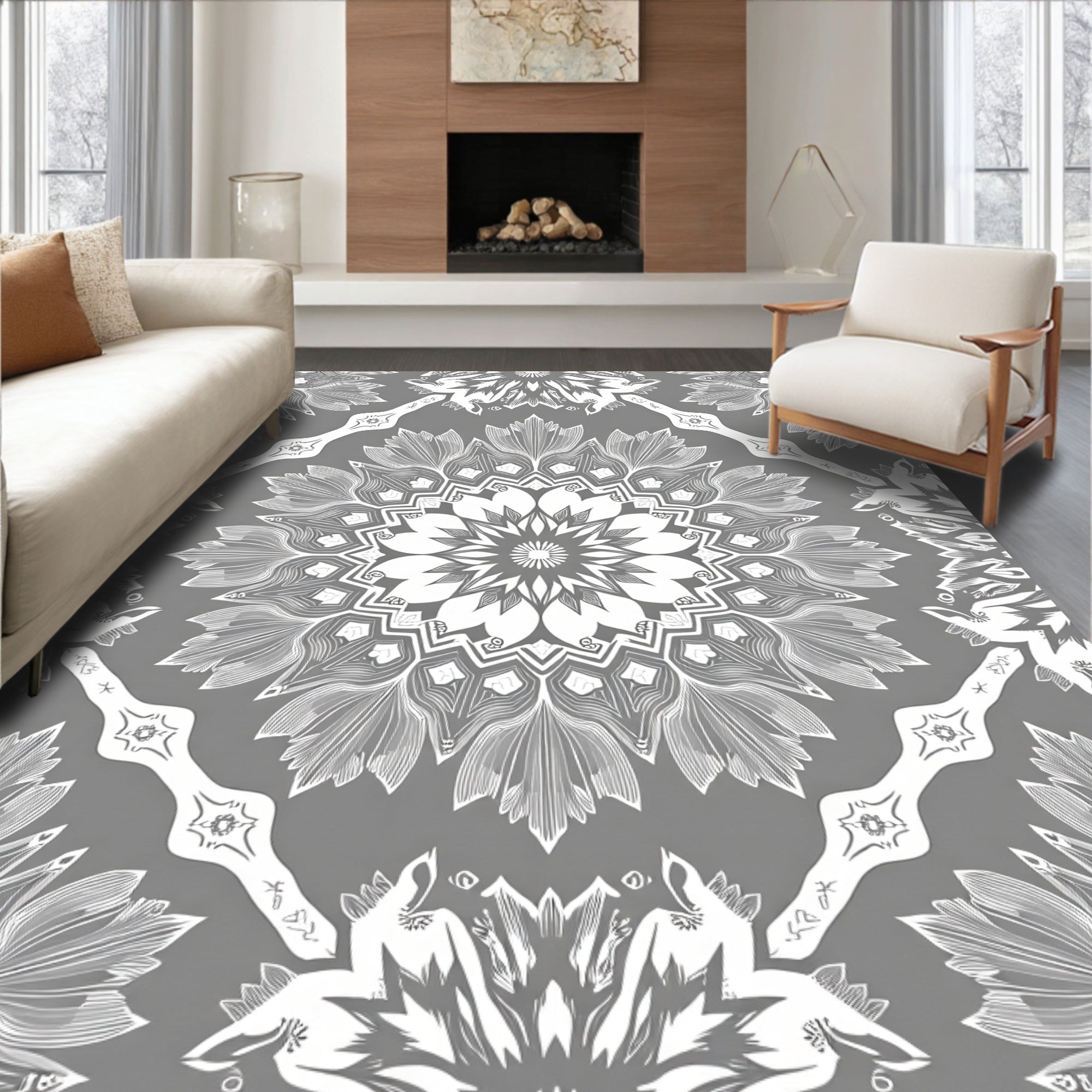 Gray Mandala Floral Medallion Rug