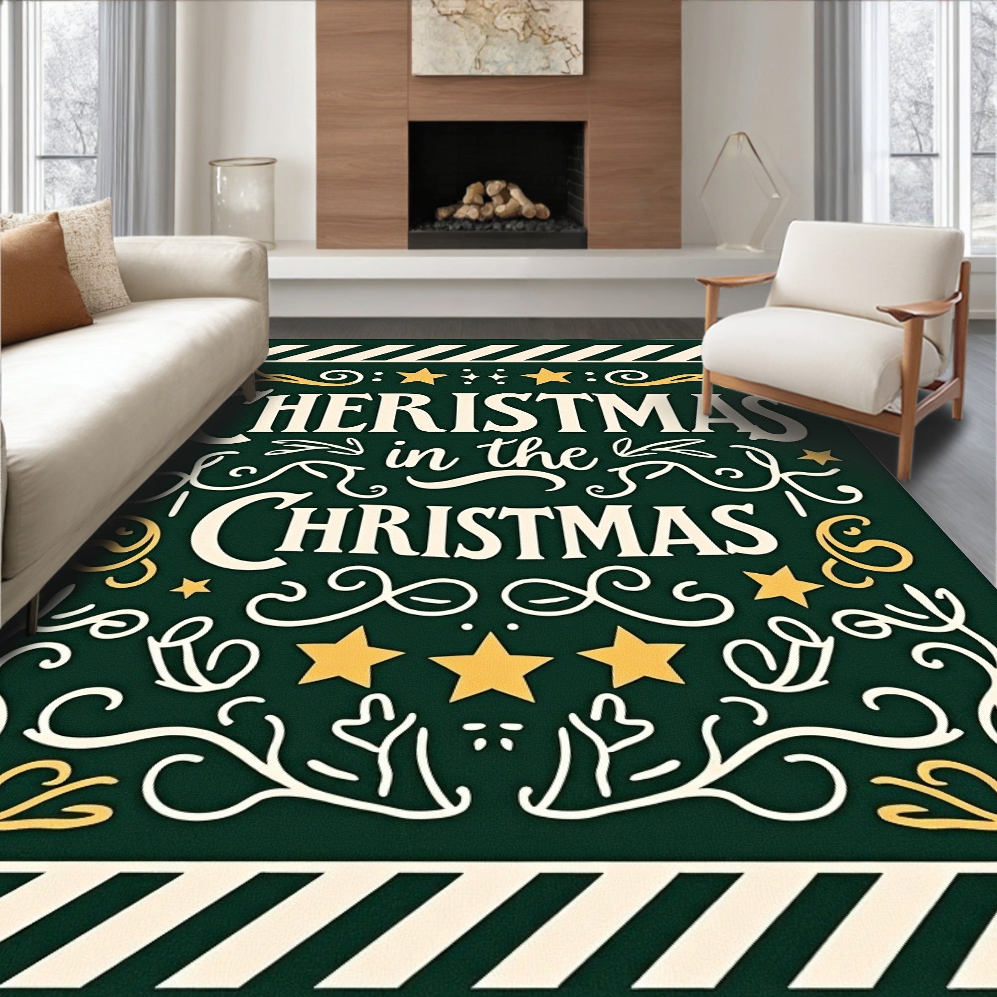 Festive Green Christmas Stars Script Rug